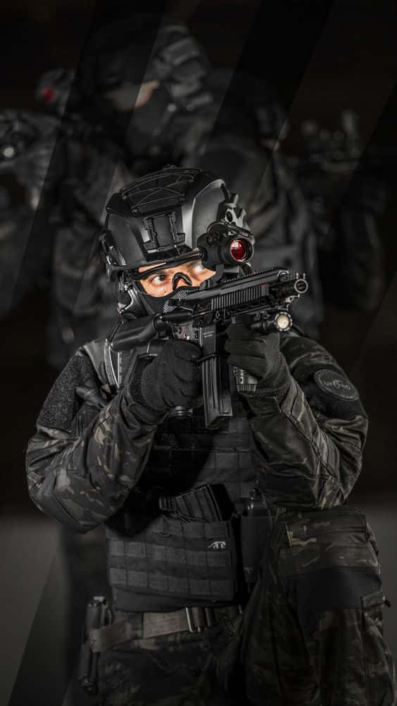 SWAT, black uniform, gun, SD Phone Wallpaper