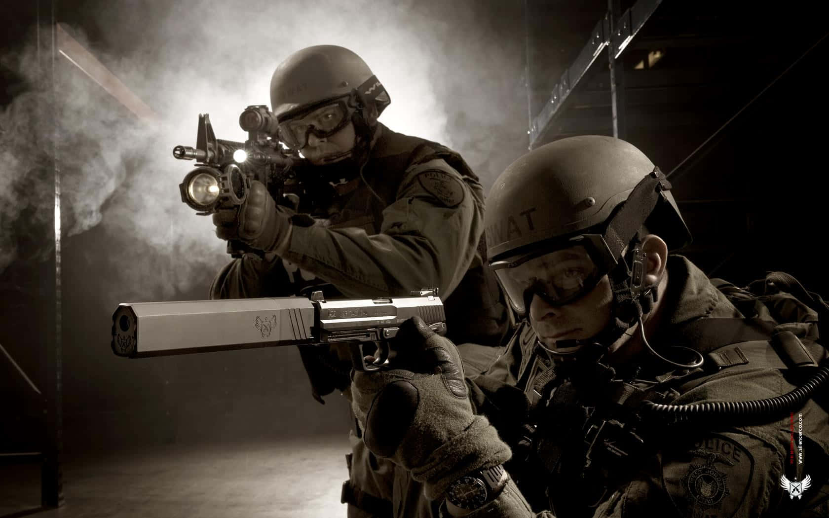 SWAT, tactical officers, smoke-filled industrial setting, HD Desktop Wallpaper