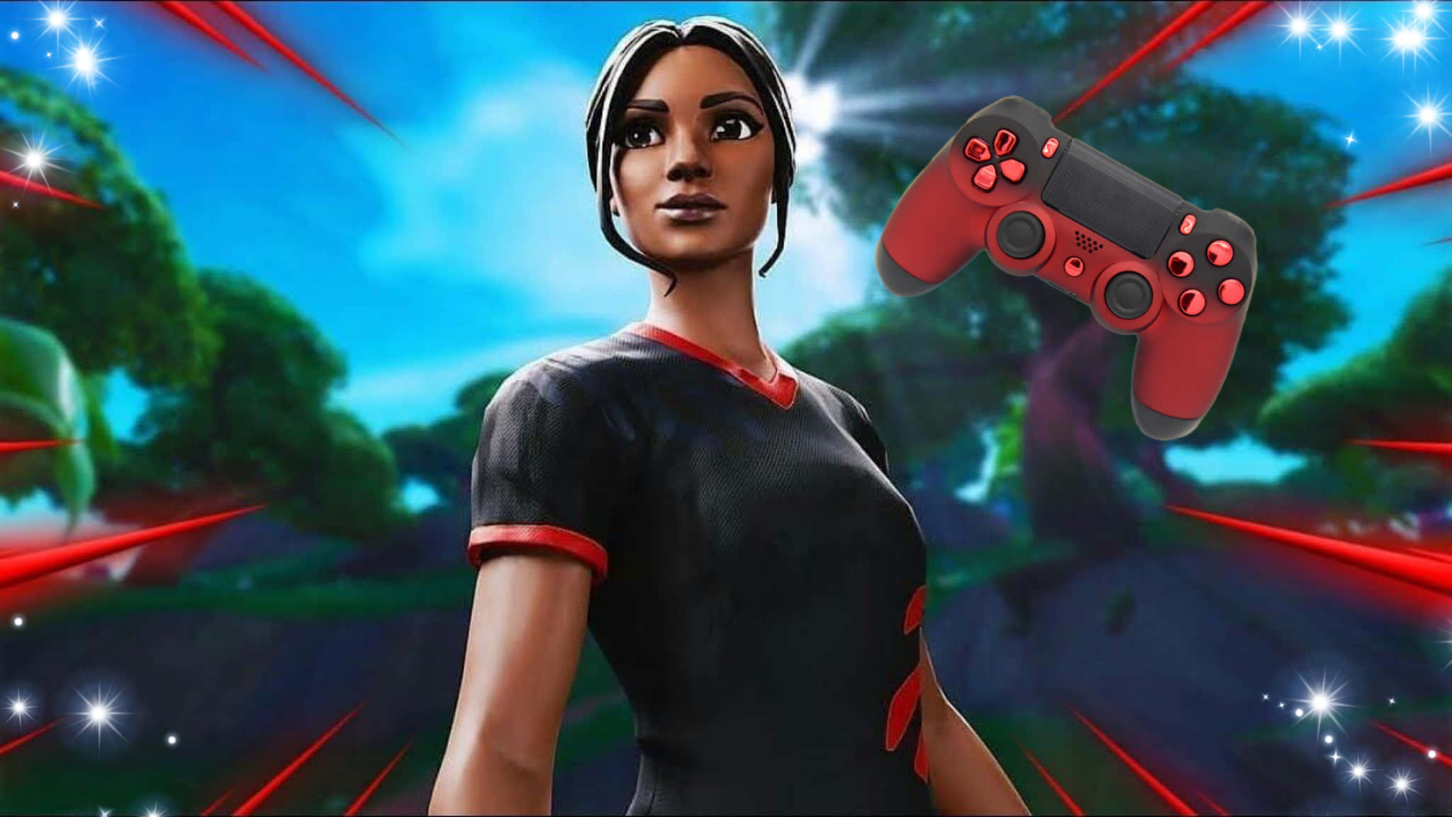 Fortnite character, black shirt, red PlayStation controller, Full HD Desktop Wallpaper