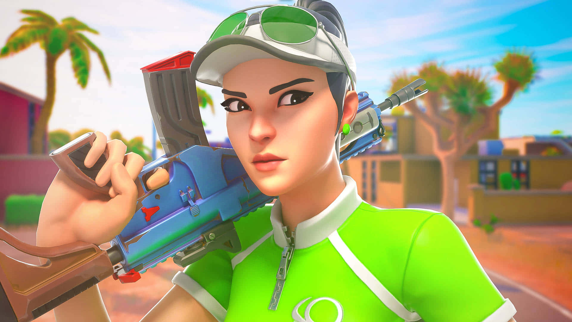 Fortnite, female video game character, bright green shirt, Full HD Desktop Wallpaper