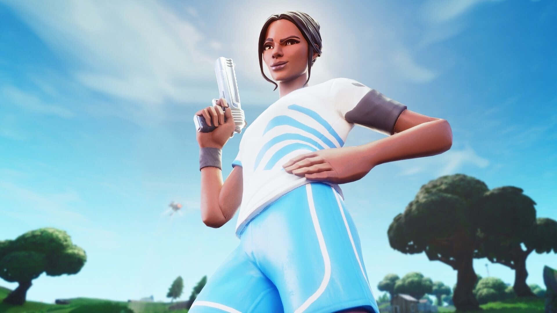 Fortnite, female player, blue athletic gear, Full HD Desktop Wallpaper