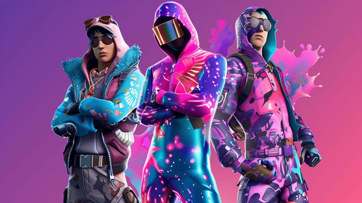 Fortnite, neon outfits, vibrant purple and pink gradient background, HD Desktop Wallpaper