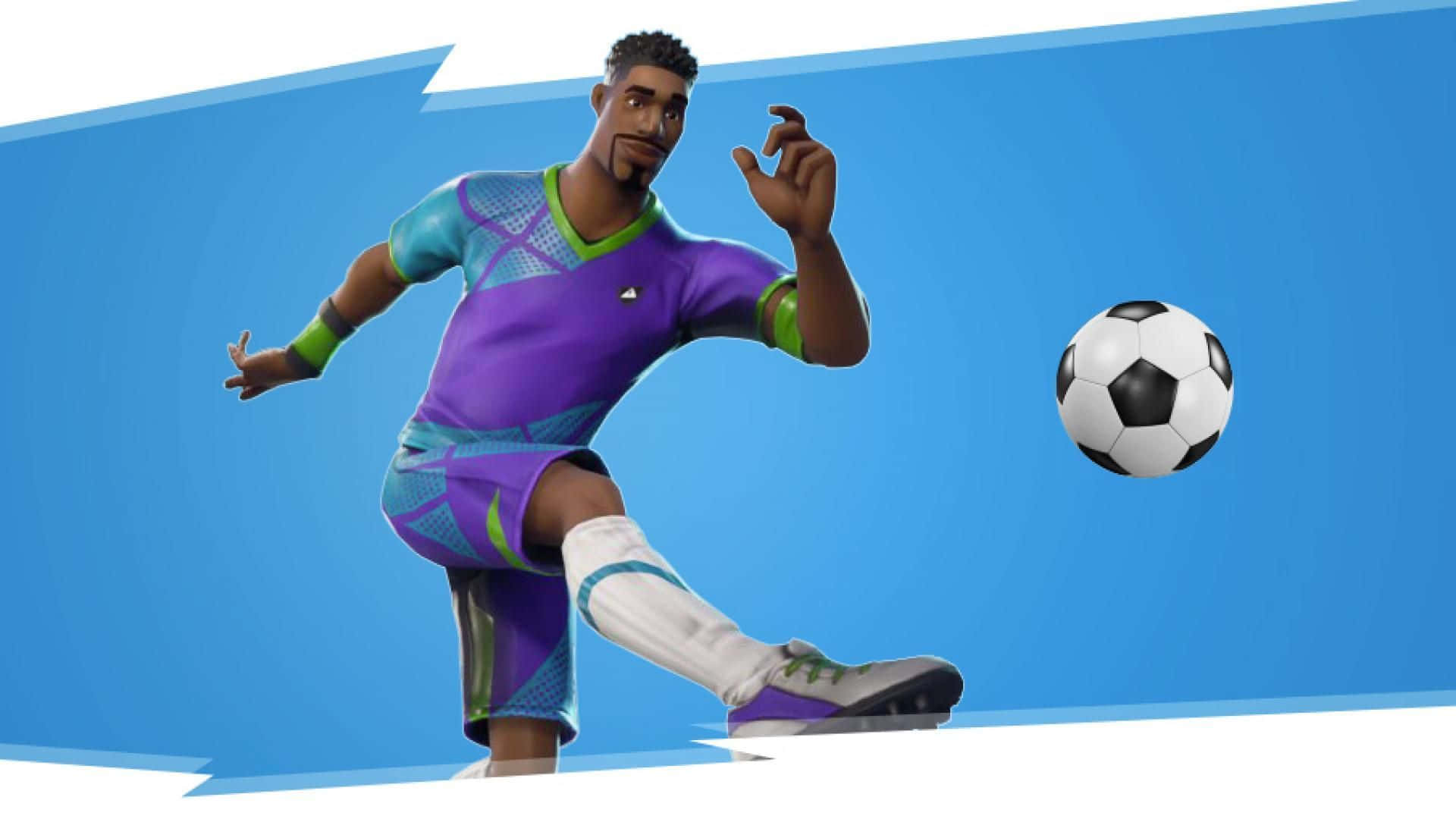 purple and teal uniform, black and white soccer ball, bold blue background, Full HD Desktop Wallpaper