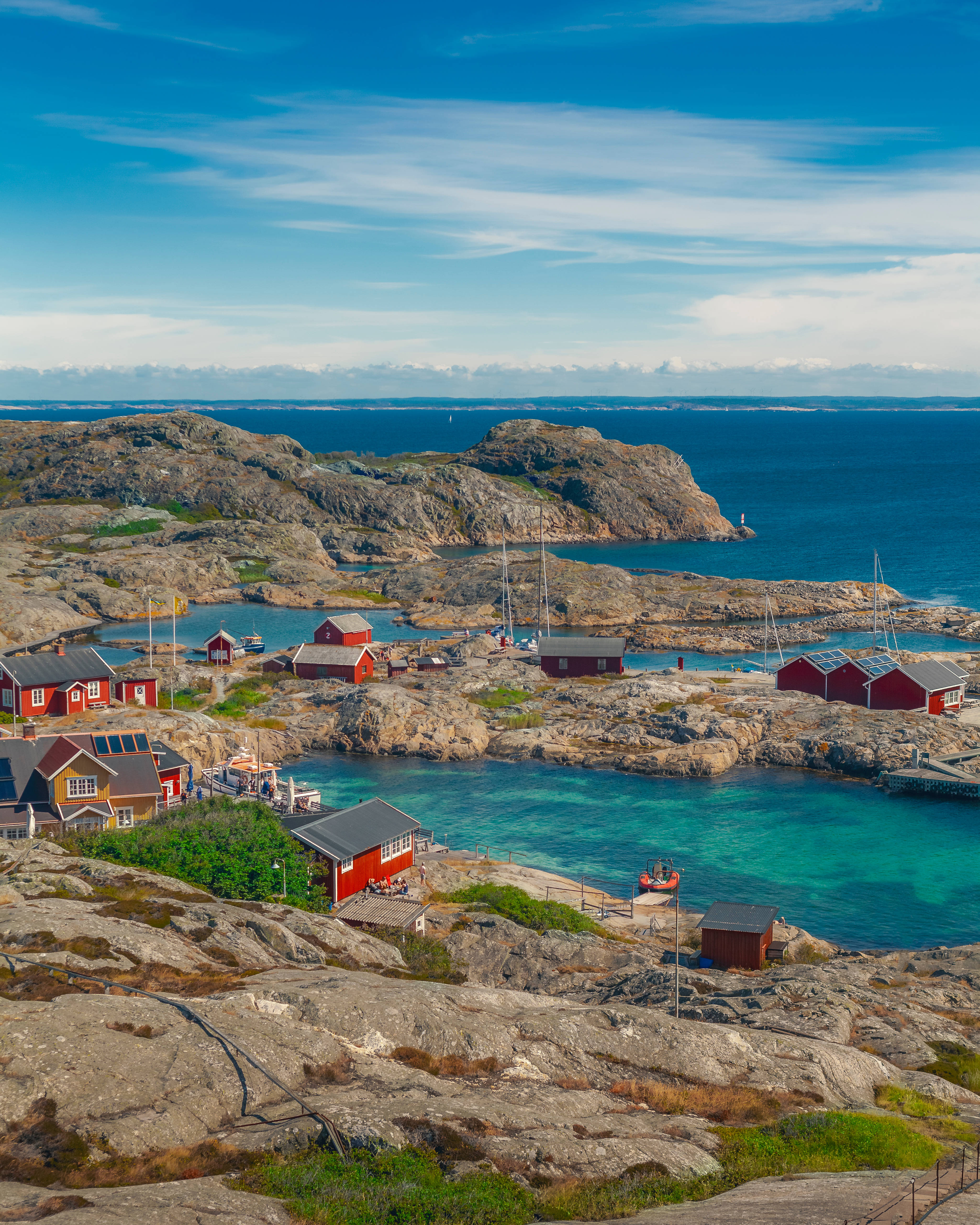 Sweden, red cabins, rugged coastal cliffs, 4K Phone Wallpaper