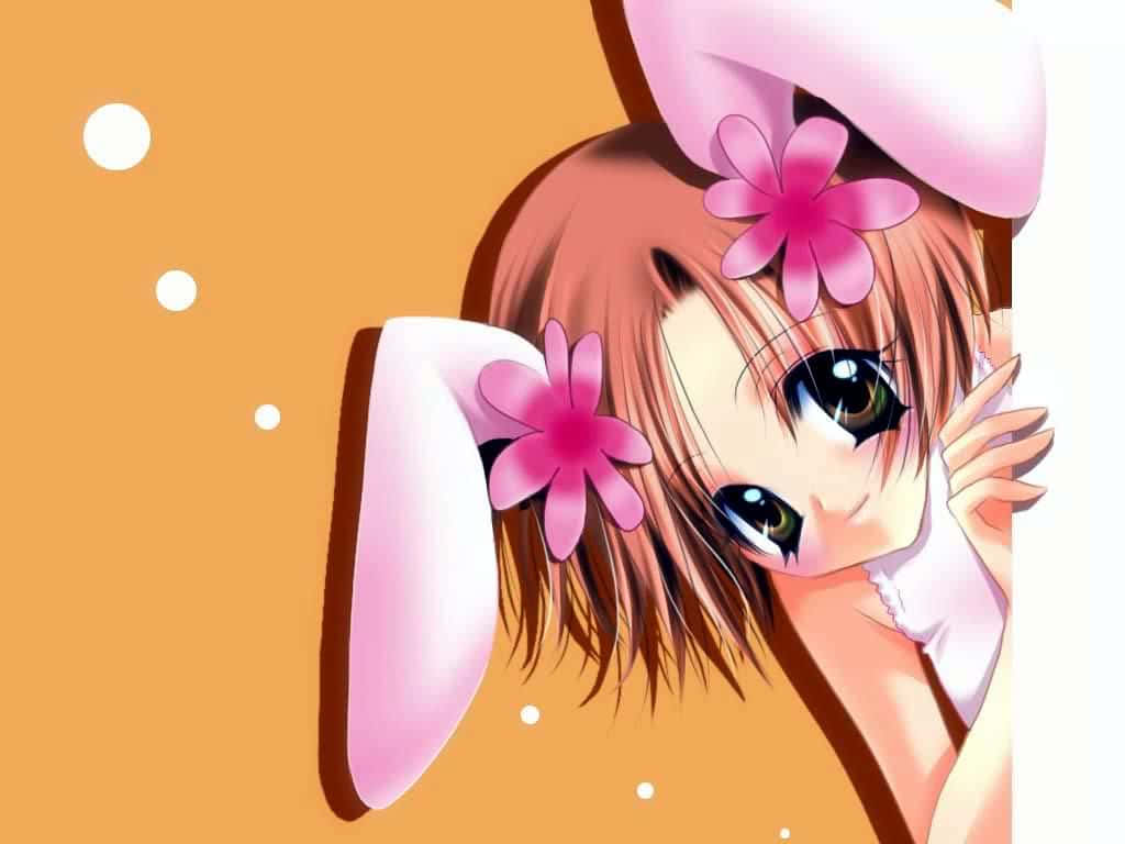 Sweet Anime Puppy Girl, bunny ears, pink flowers, SD Desktop Wallpaper