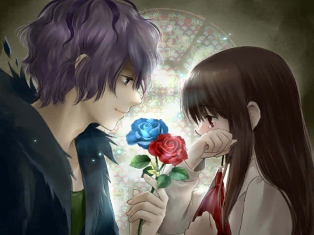 purple-haired anime boy, brown-haired girl, blue and red rose, SD Desktop Wallpaper