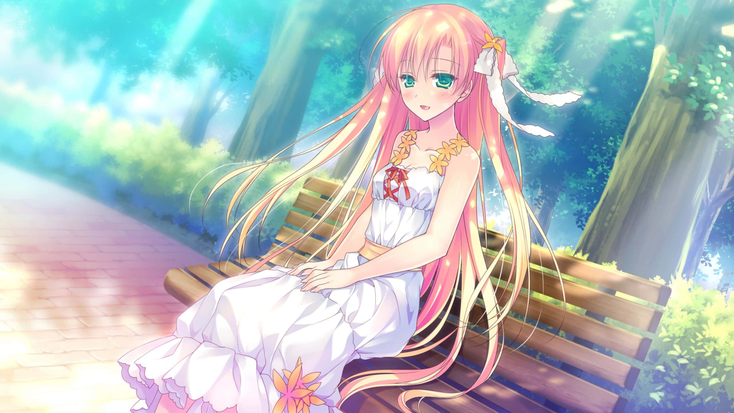 pink-haired anime girl, white dress, wooden bench, 2K Desktop Wallpaper
