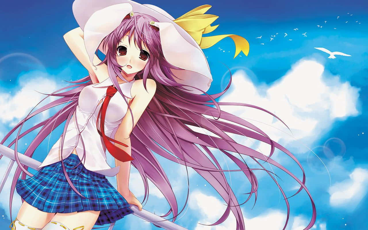 purple-haired anime girl, school uniform, white hat, HD Desktop Wallpaper