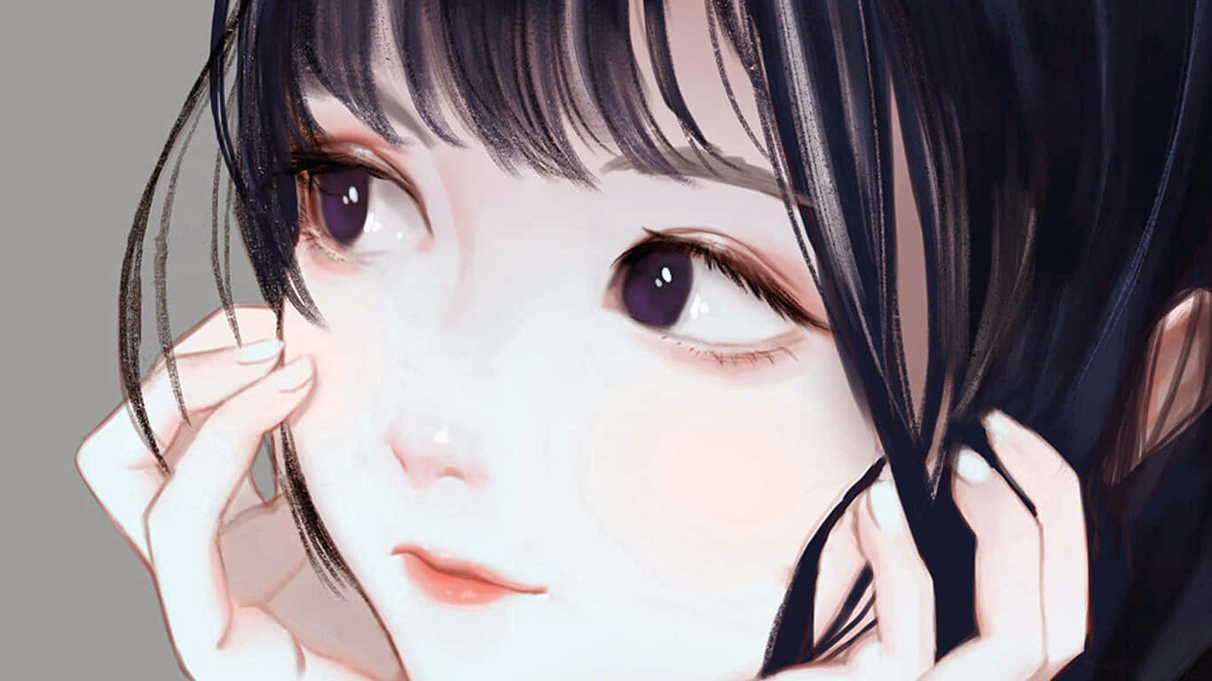 sweet anime girl, dark hair, purple eyes, HD Desktop Wallpaper