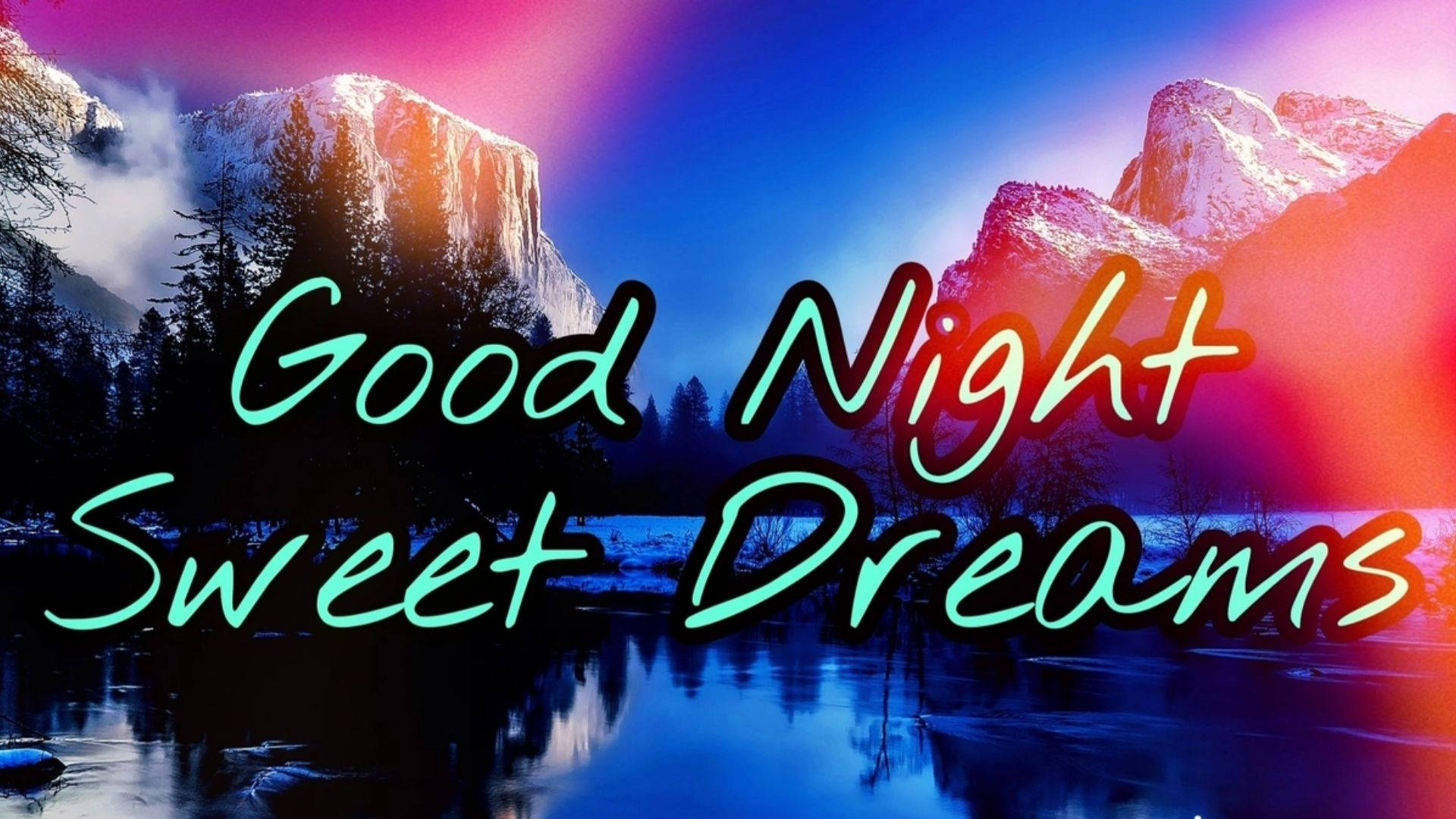 Good Night Sweet Dreams, neon sky, calm lake, Full HD Desktop Wallpaper