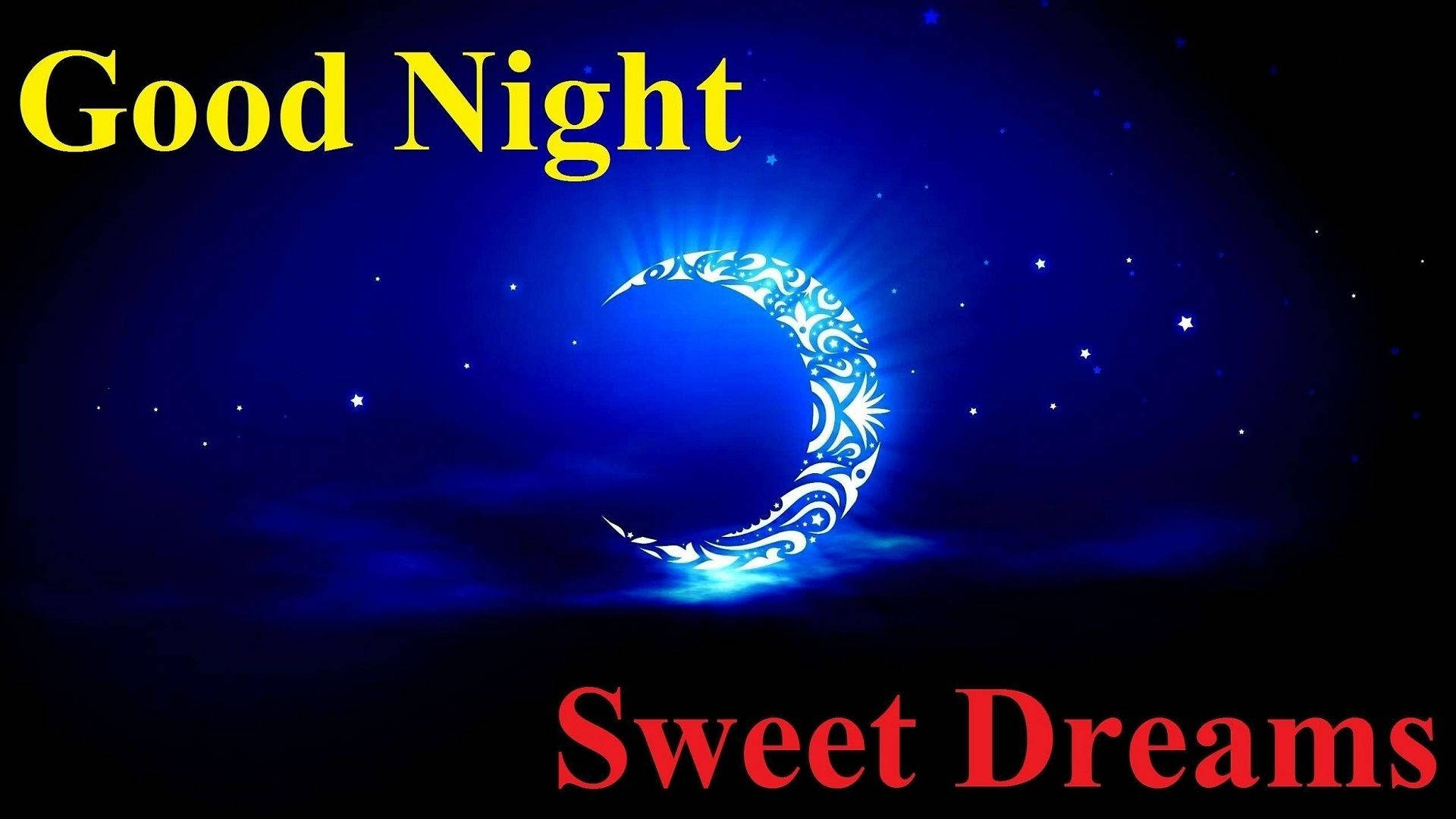 glowing ornate crescent moon, deep blue starry night sky, Good Night, Full HD Desktop Wallpaper