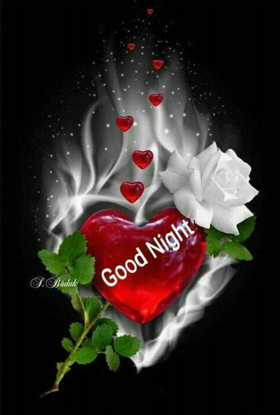 Good Night, glowing red heart, white rose, HD Phone Wallpaper