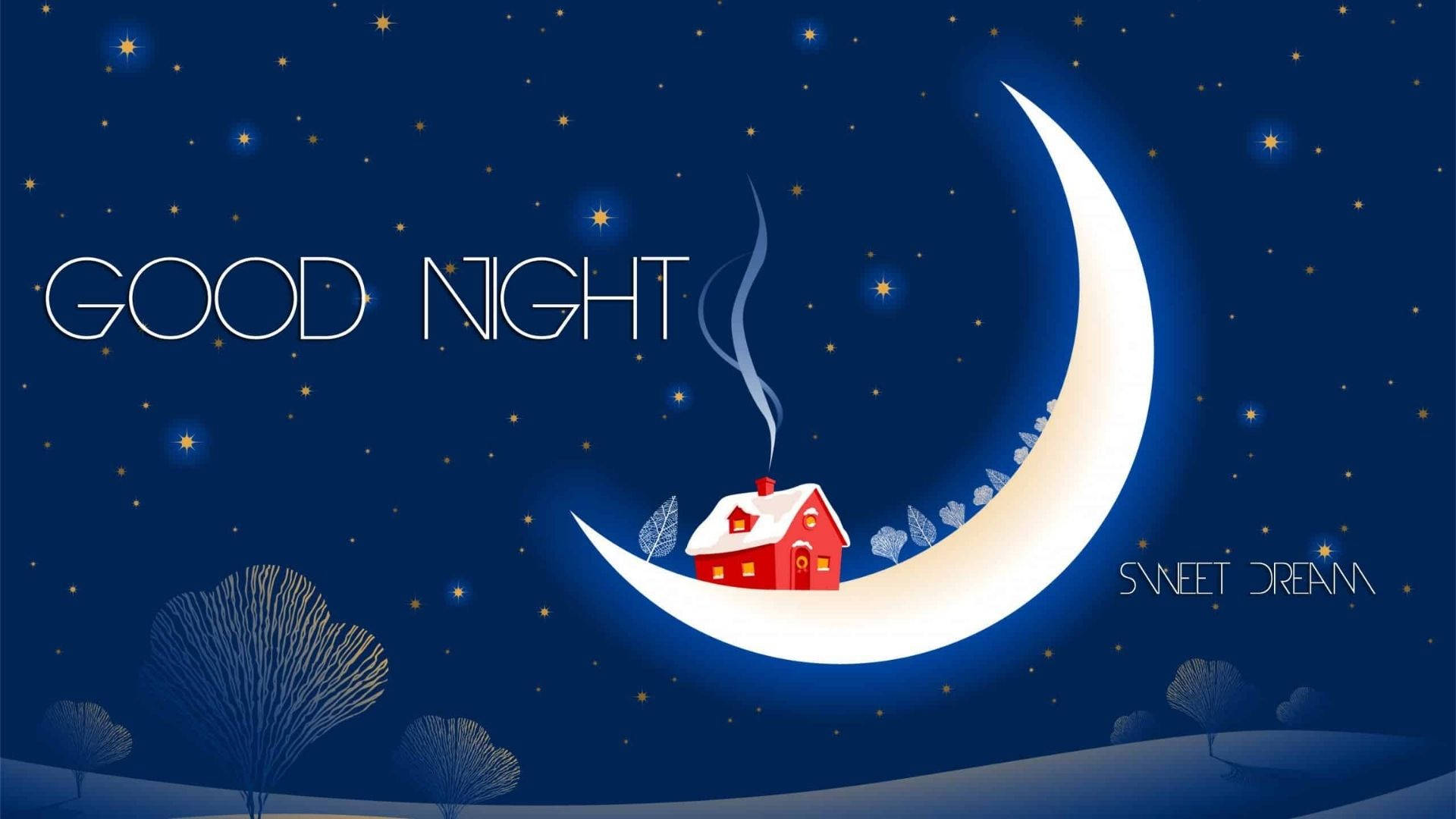 Sweet Dreams, glowing crescent moon, cozy red house, Full HD Desktop Wallpaper