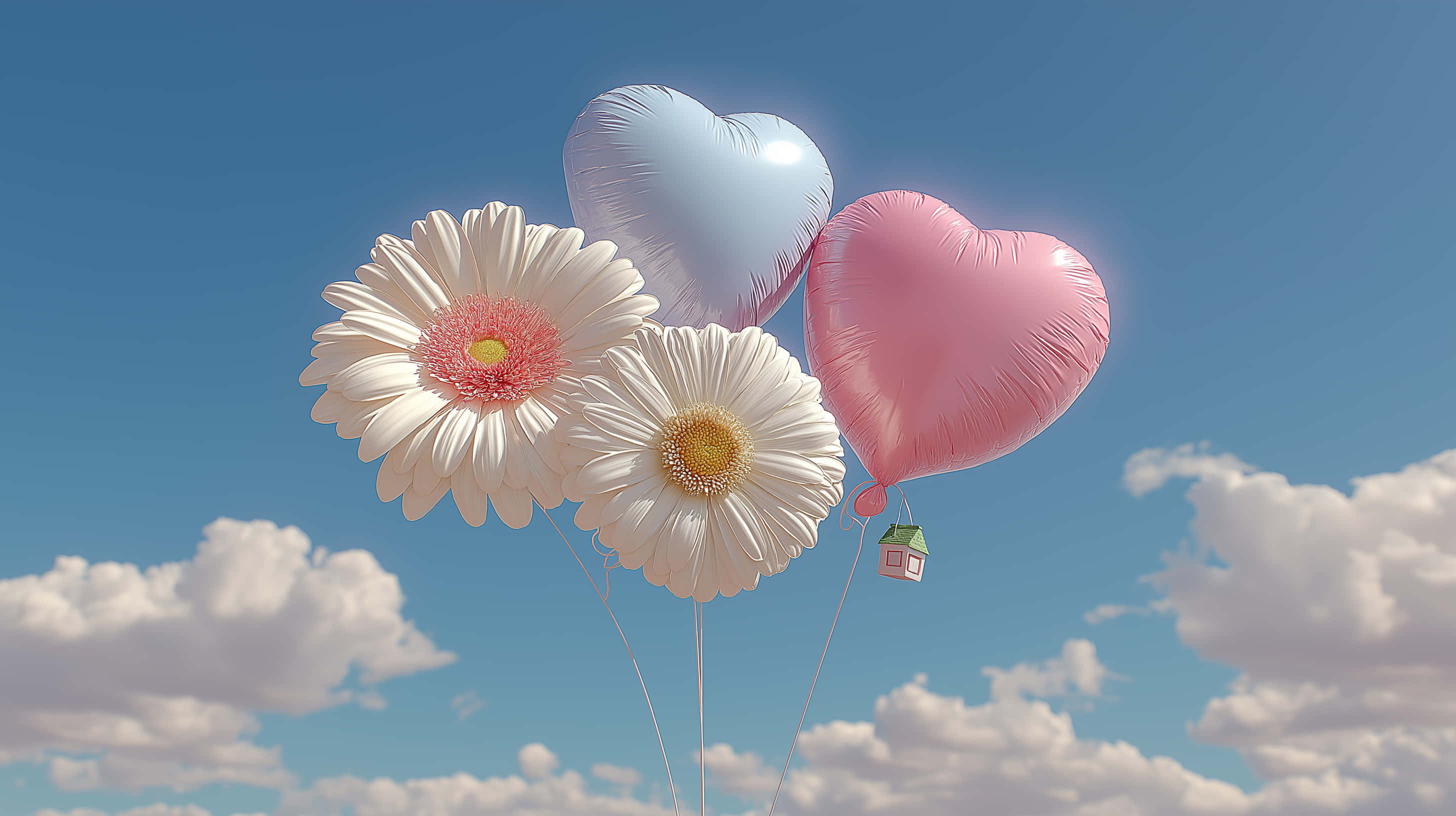 dreamy ascent, white daisies, heart balloons, 2K Desktop Wallpaper