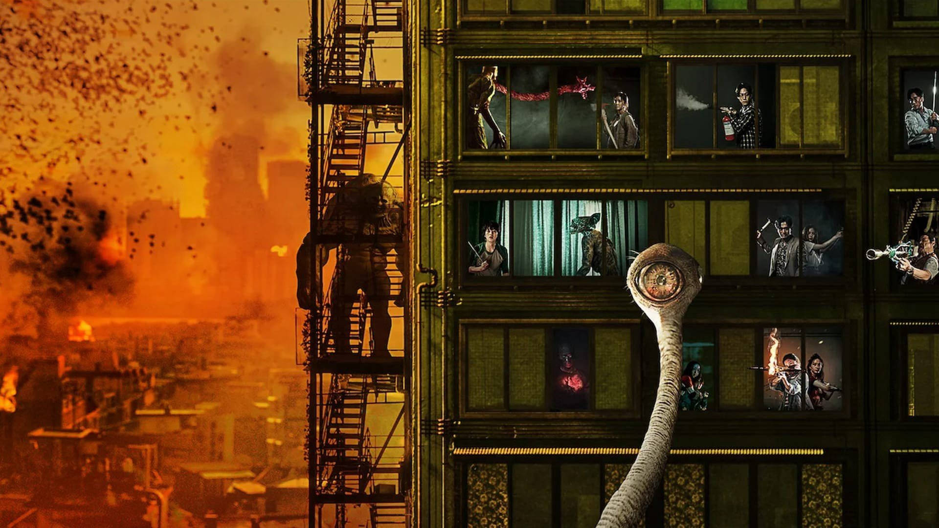 Sweet Home Netflix, giant monster, burning city, Full HD Desktop Wallpaper