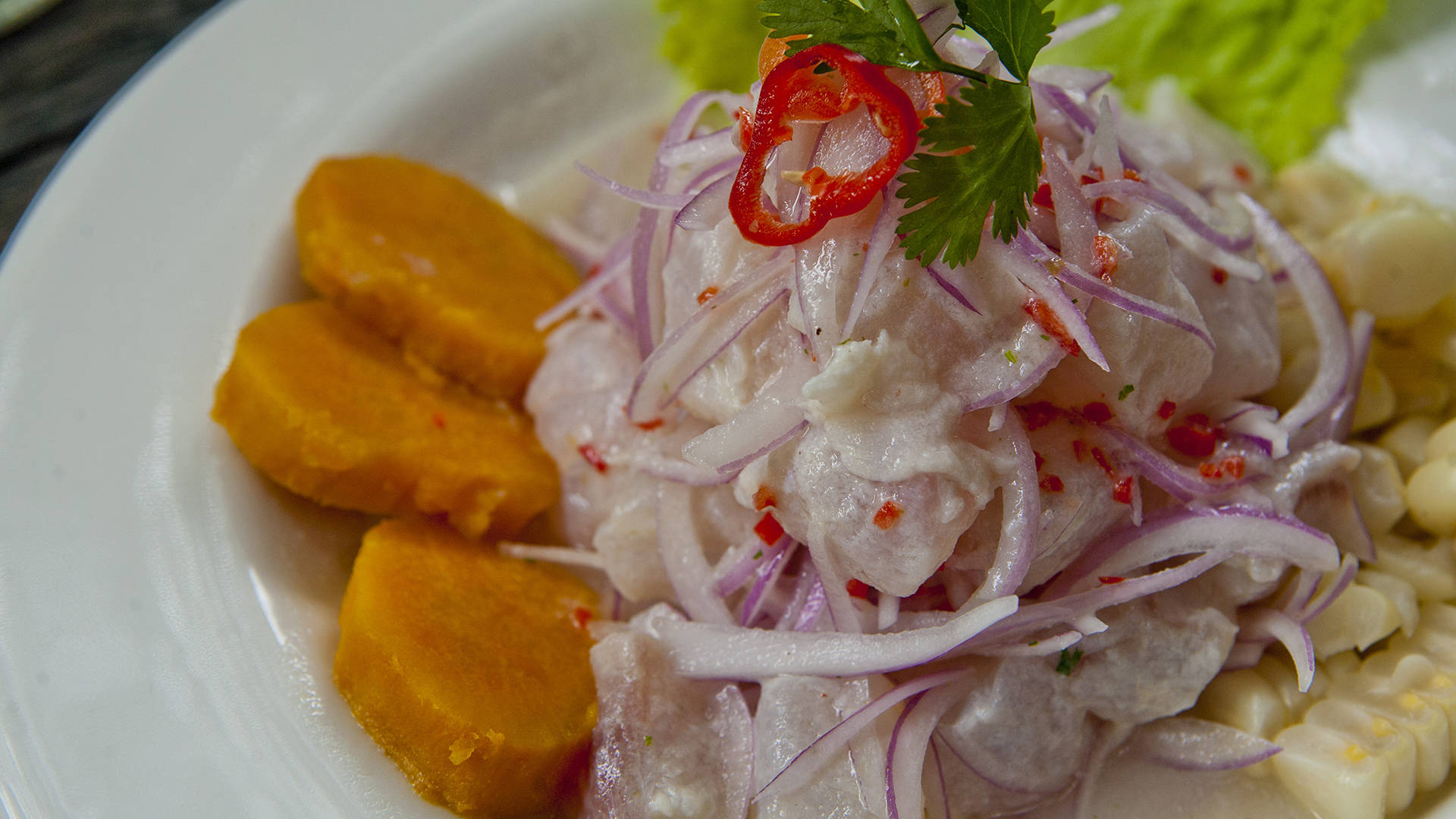 ceviche plate, sweet potatoes, corn, Full HD Desktop Wallpaper
