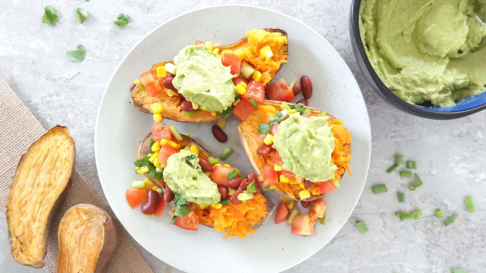 yellow sweet potato, roasted sweet potato halves, guac corn tomatoes and beans, HD Desktop Wallpaper