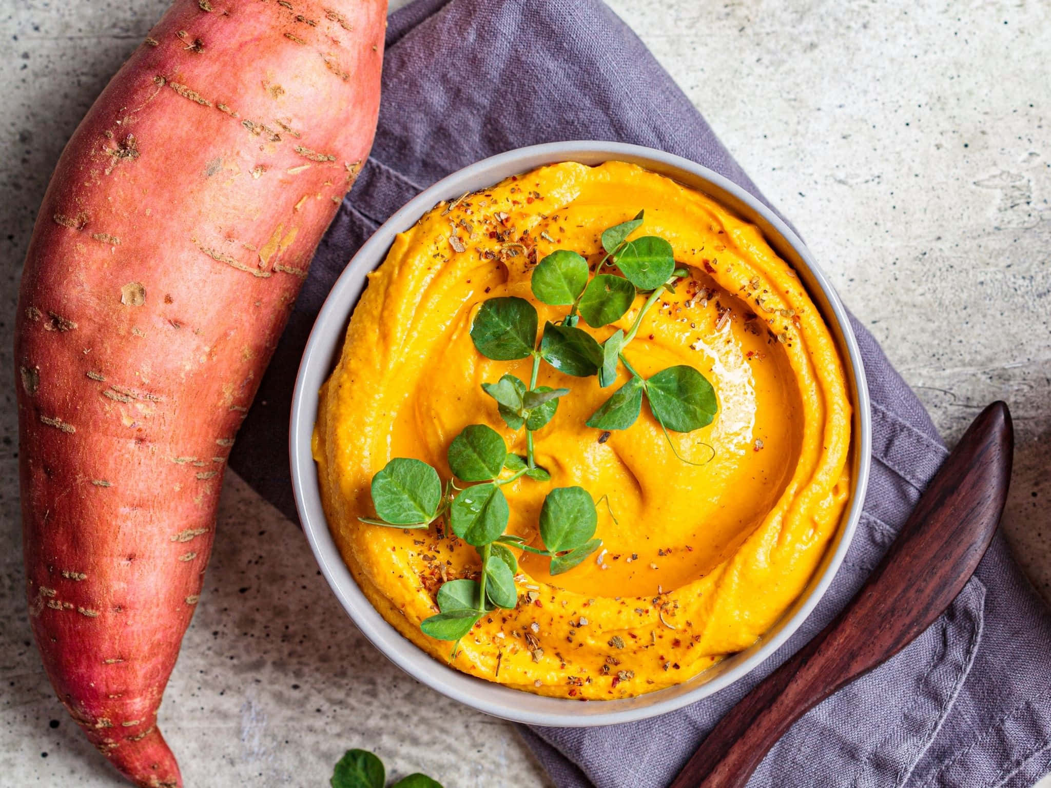 yellow sweet potato, vibrant orange sweet potato puree, fresh green microgreens, Full HD Desktop Wallpaper