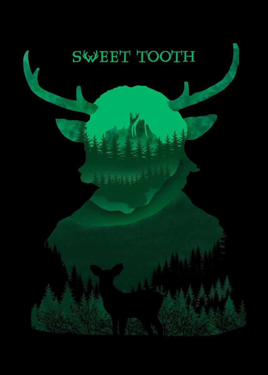 Sweet Tooth, dark green, glowing green deer silhouette, SD Phone Wallpaper