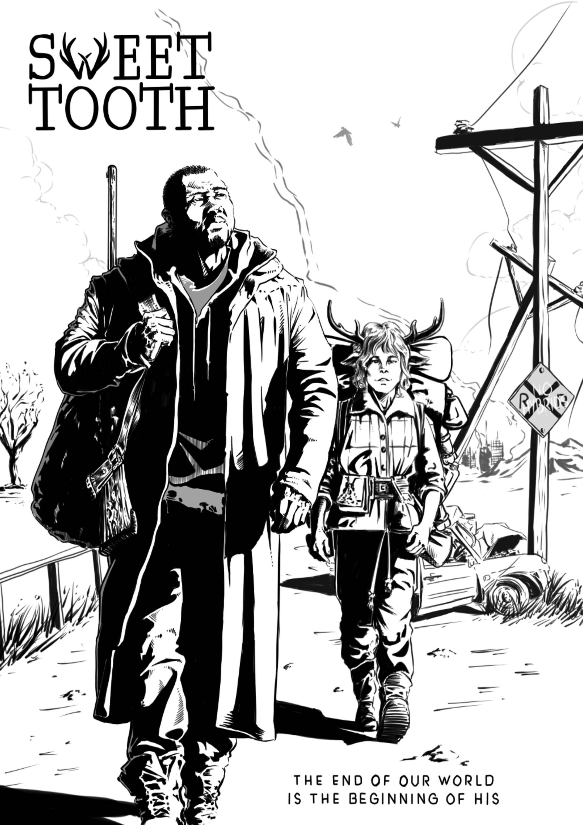 Sweet Tooth, black and white illustration, man, 2K Phone Wallpaper