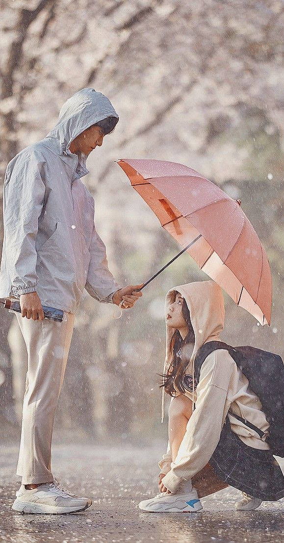 Korean couple, pink umbrella, falling rain, SD Phone Wallpaper