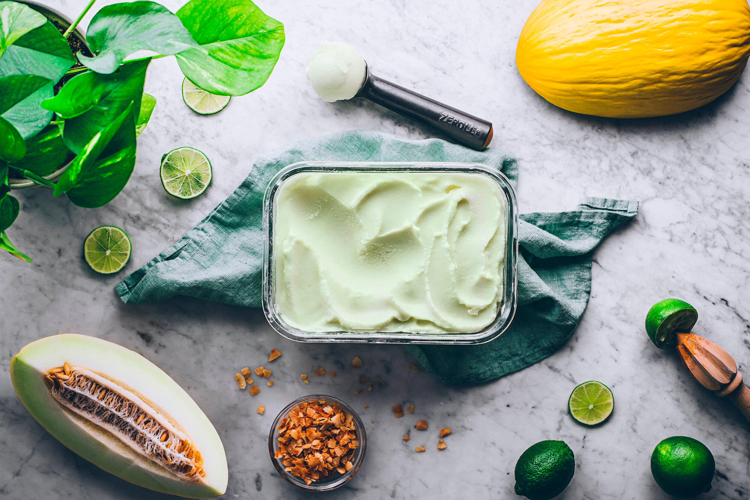 Canary Melon Sorbet, glass dish, creamy green ice cream, Full HD Desktop Wallpaper