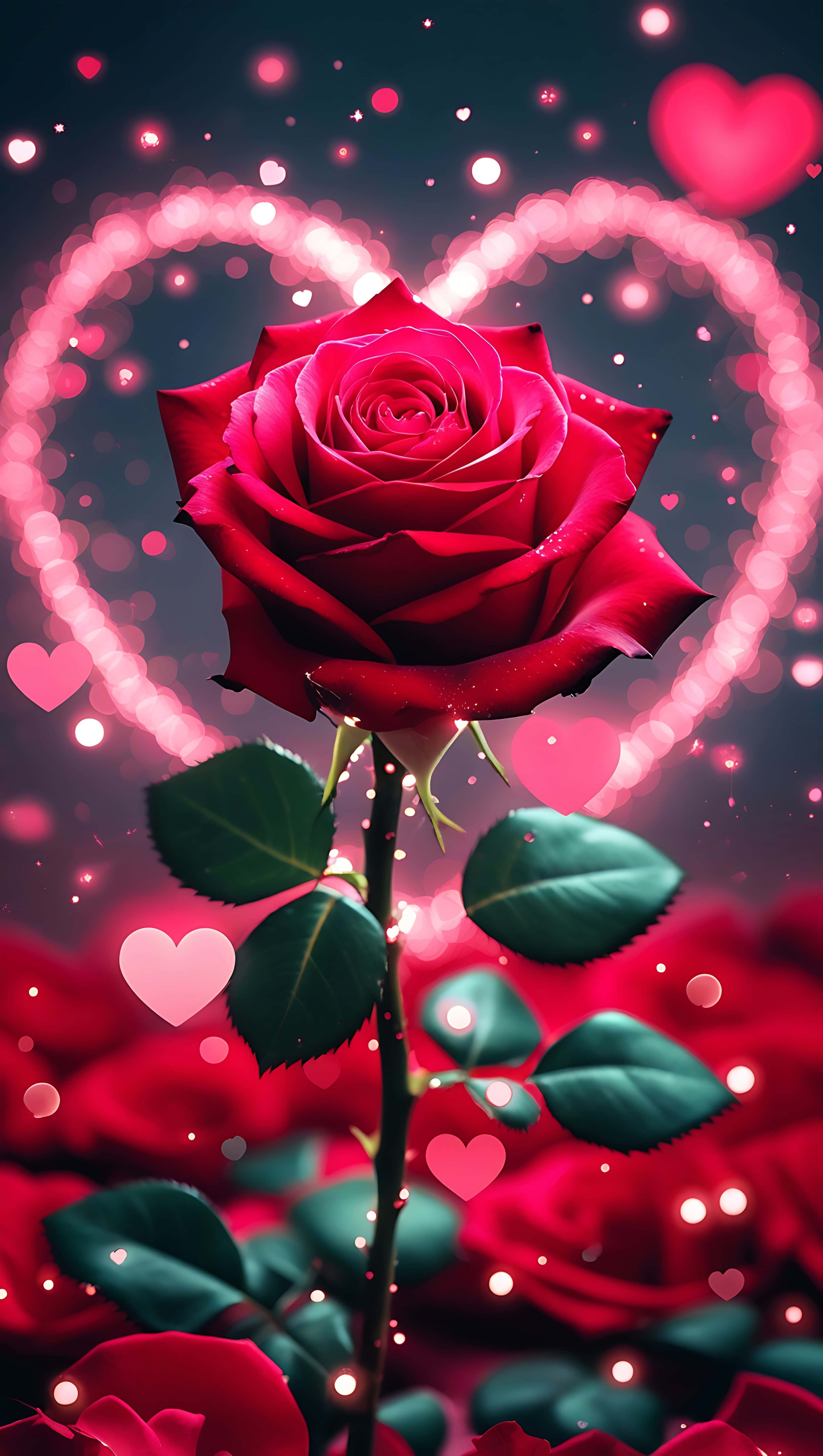 red rose, glowing pink hearts, bokeh lights, 5K Phone Wallpaper