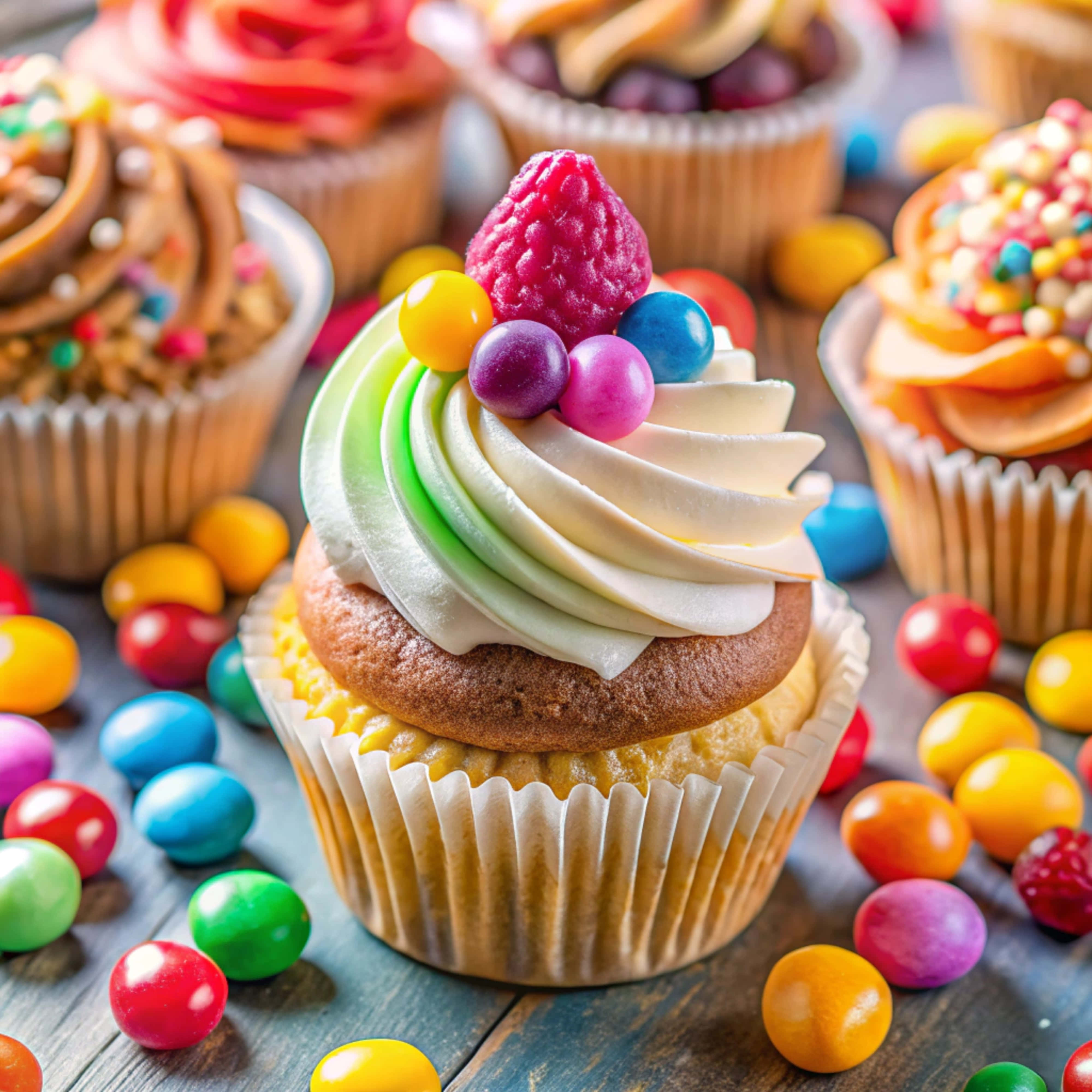 cupcake, rainbow frosting, raspberry, 4K Desktop Wallpaper