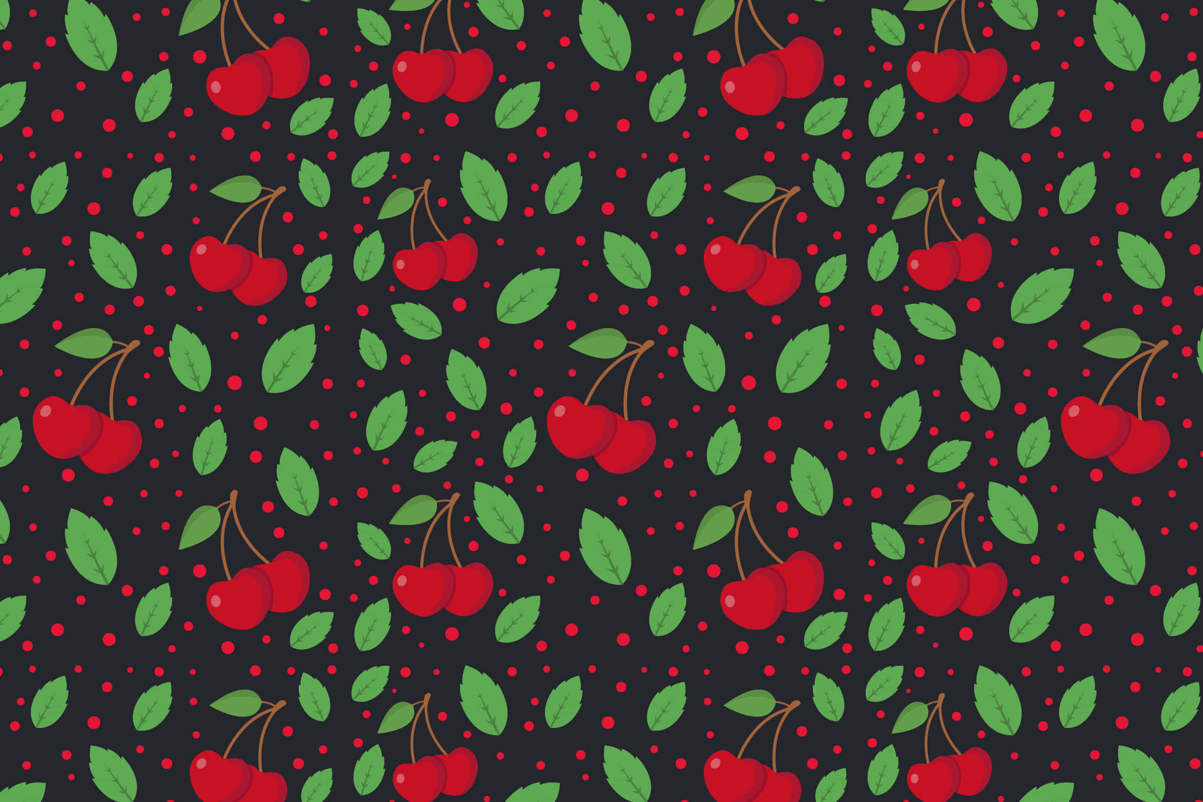 cherry pattern, bright red cherries, green leaves, Full HD Desktop Wallpaper