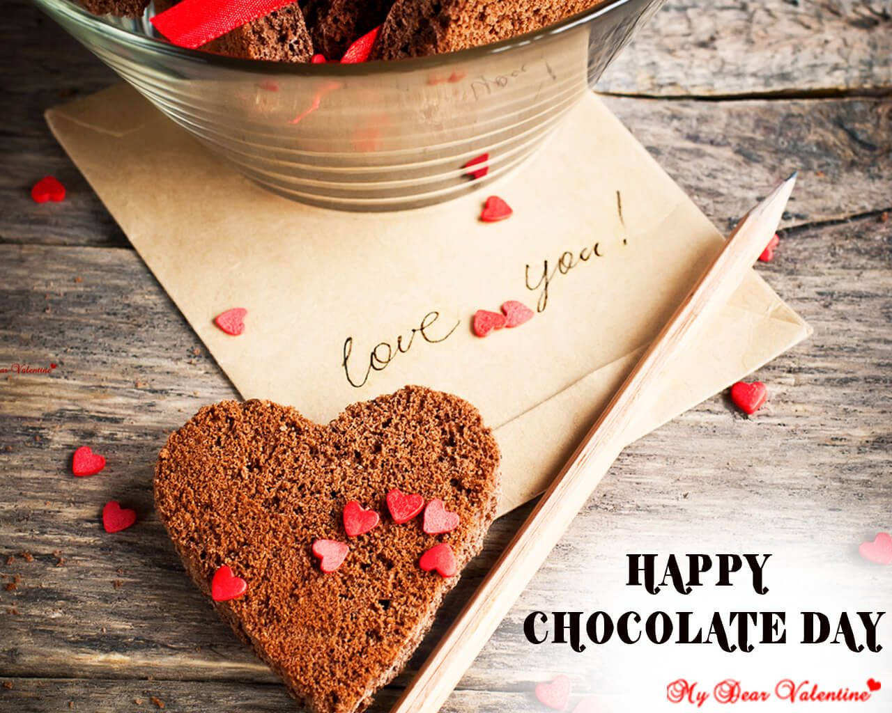 heart-shaped chocolate cake, red heart sprinkles, handwritten note saying love you, HD Desktop Wallpaper