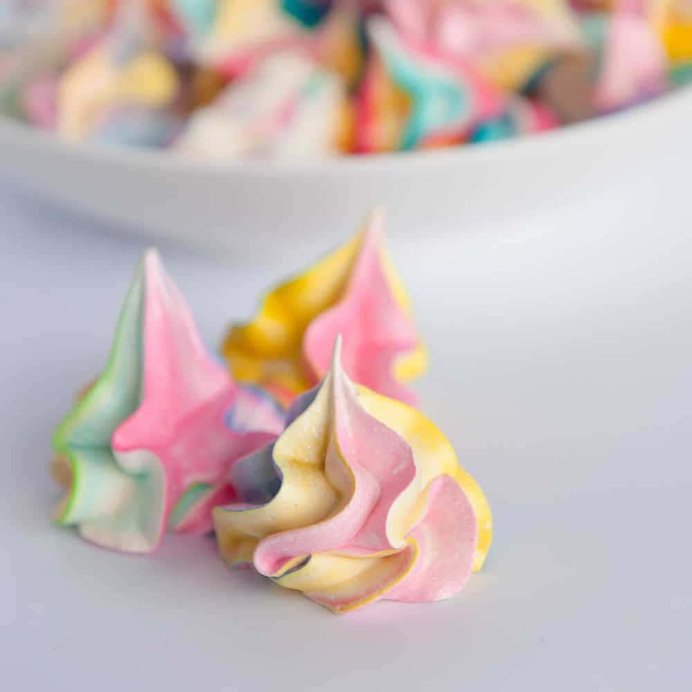 meringue, pastel rainbow meringue cookies, white bowl, SD Desktop Wallpaper