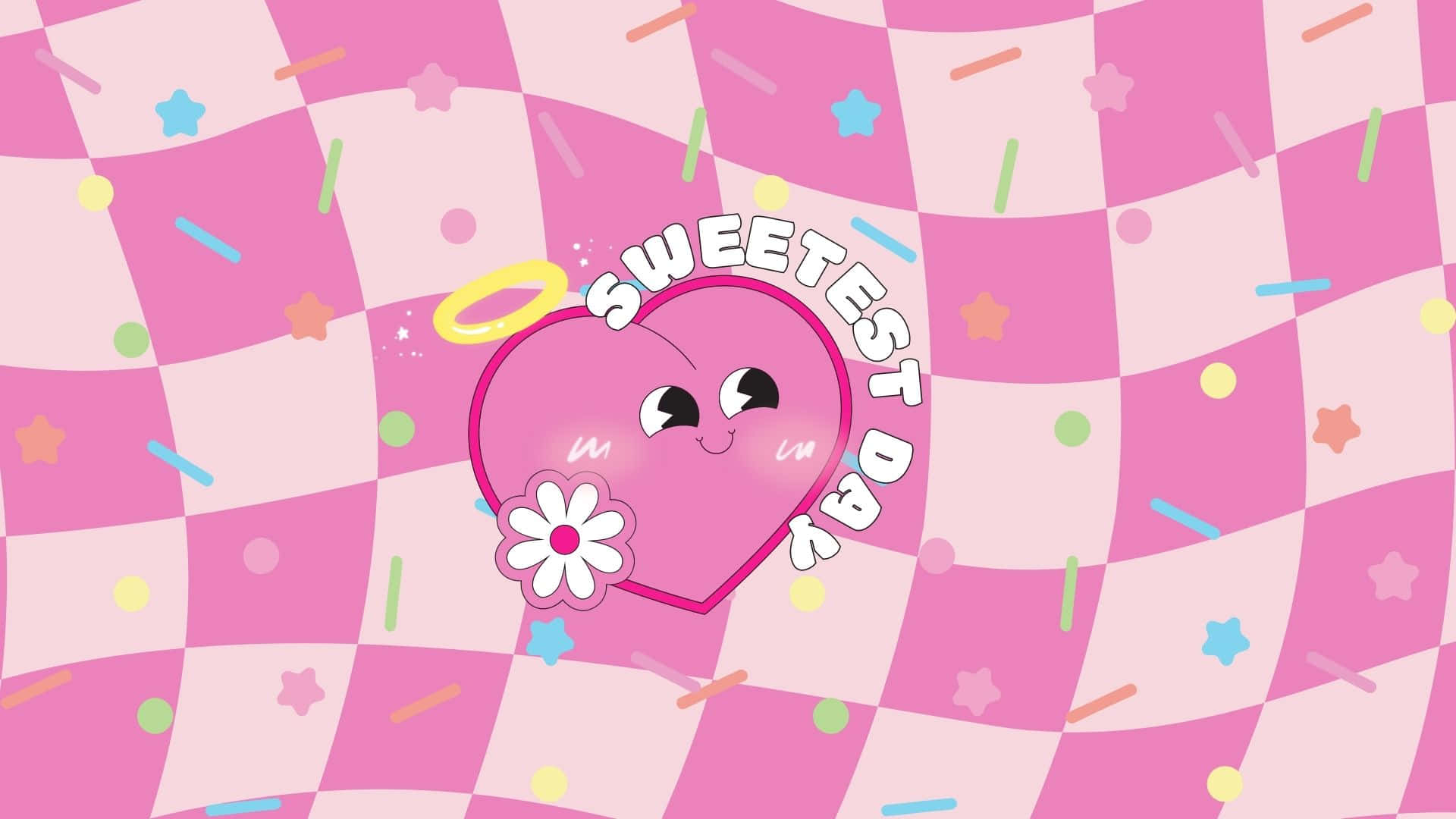 Sweetest Day, pink heart with angel wings and a flower, playful checkered background, Full HD Desktop Wallpaper