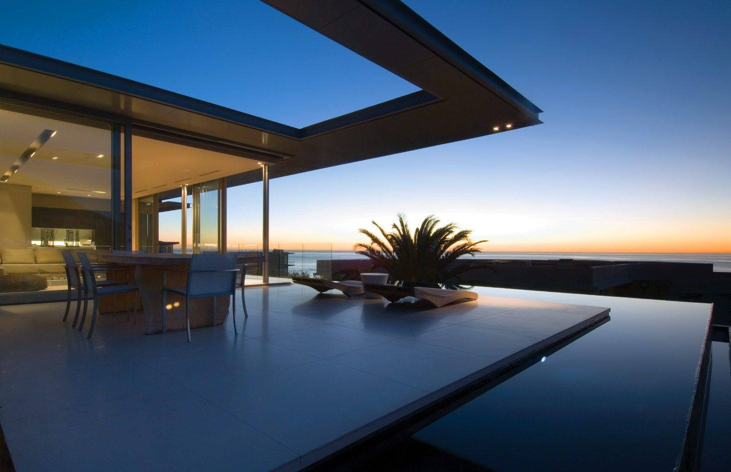 modern glass house, infinity pool, ocean view, HD Desktop Wallpaper