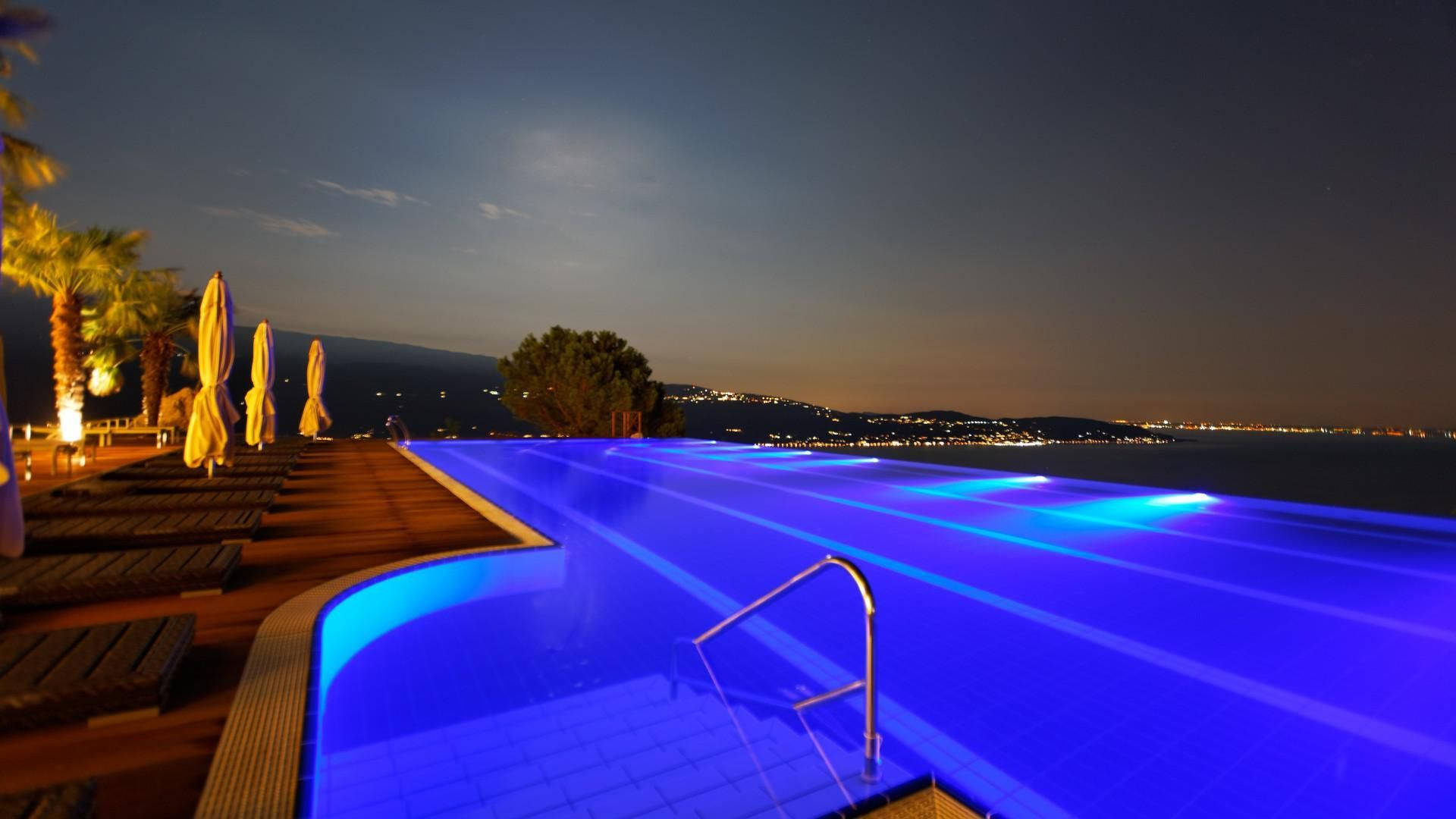 Swimming Pool, cityscape, glowing blue, Full HD Desktop Wallpaper
