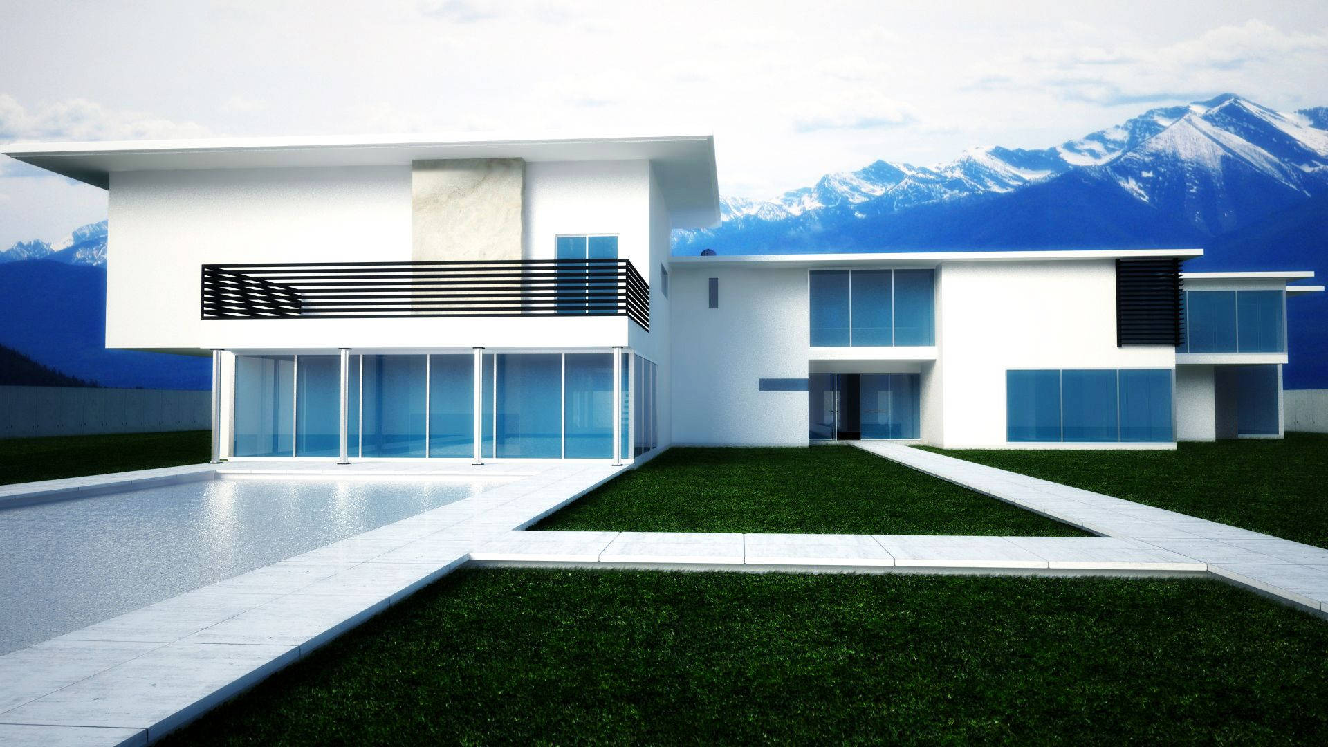 modern house, glass walls, pool, Full HD Desktop Wallpaper
