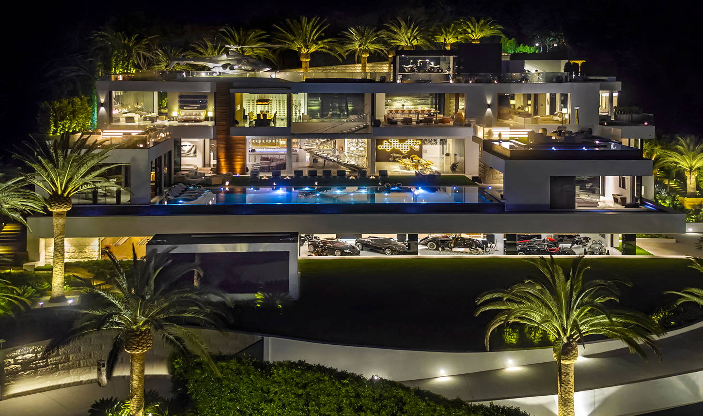 modern multi-level mansion, glowing interiors, palm trees, HD Desktop Wallpaper
