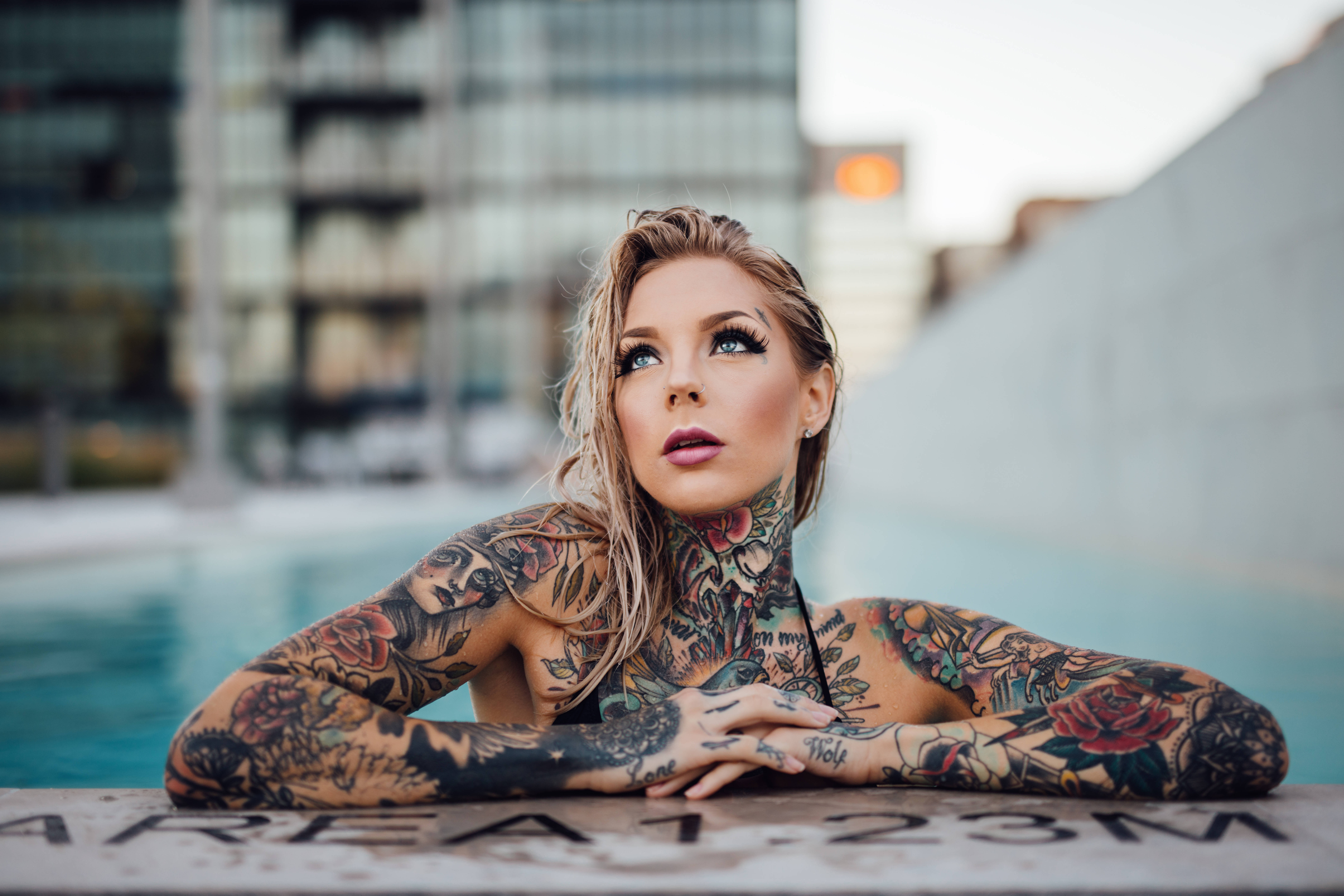 tattooed woman, blonde hair, pool edge, 8K Desktop Wallpaper