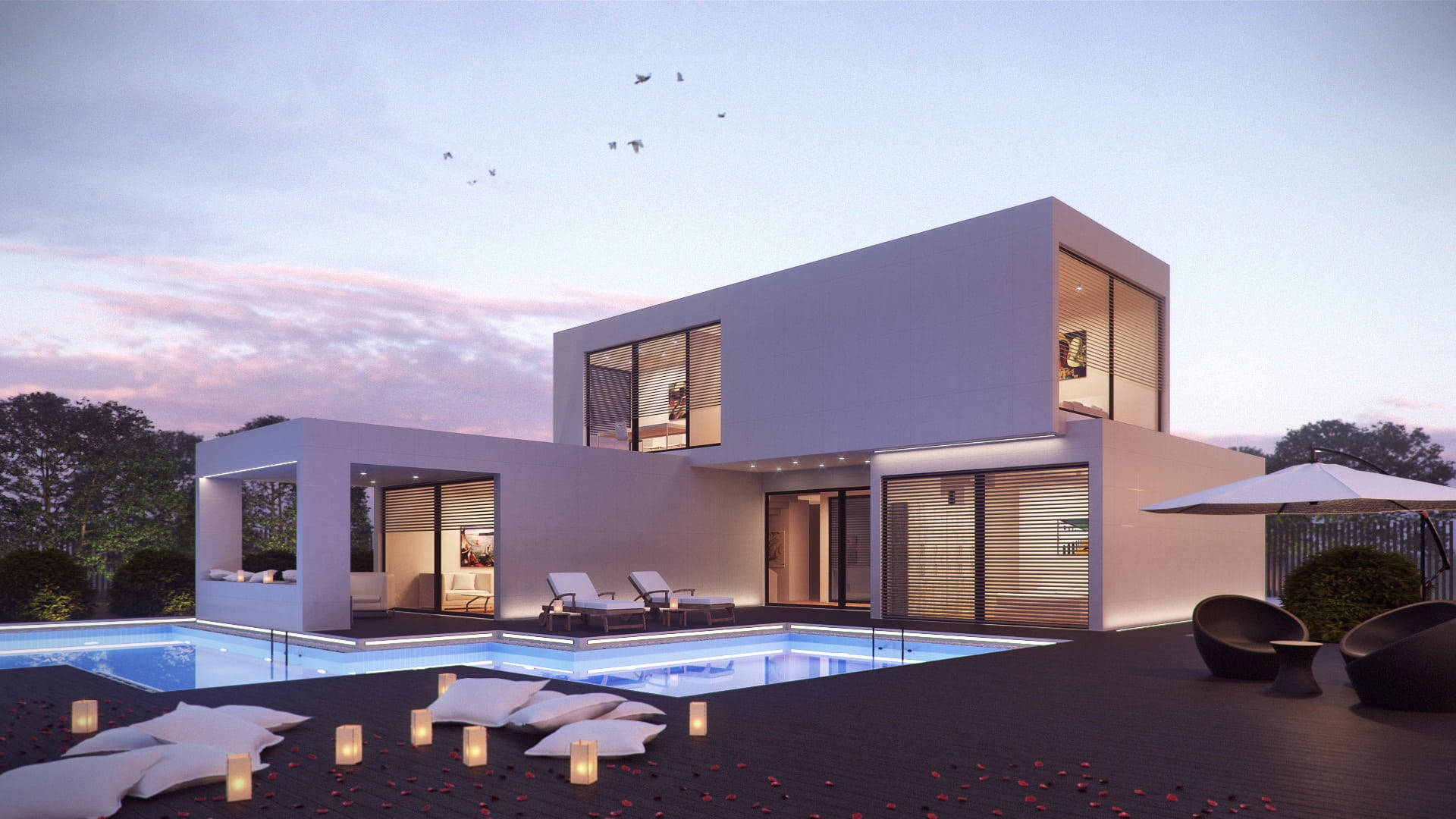 modern white villa, glowing windows, pool, Full HD Desktop Wallpaper