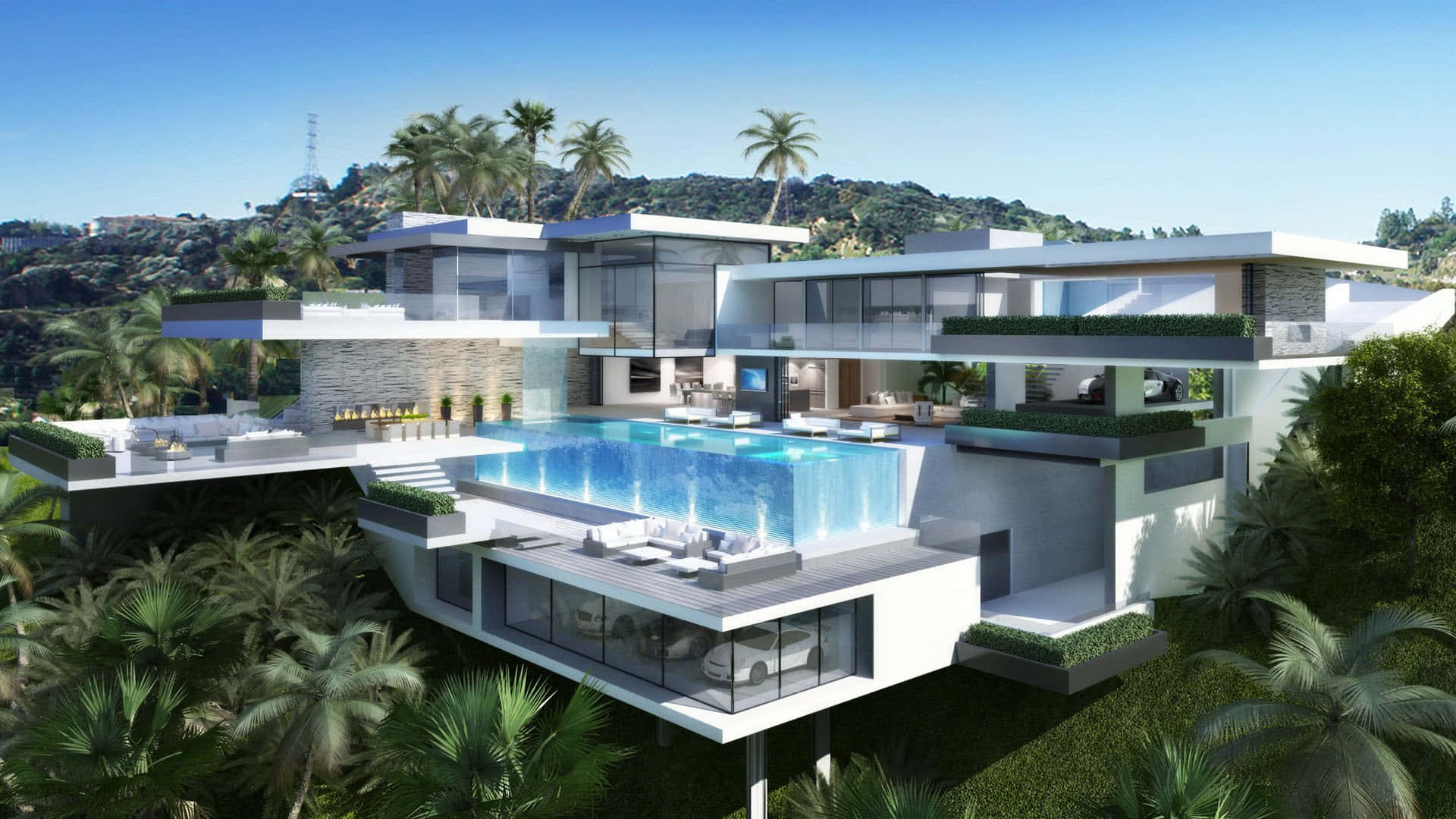 modern white villa, glass walls, rooftop pools, Full HD Desktop Wallpaper