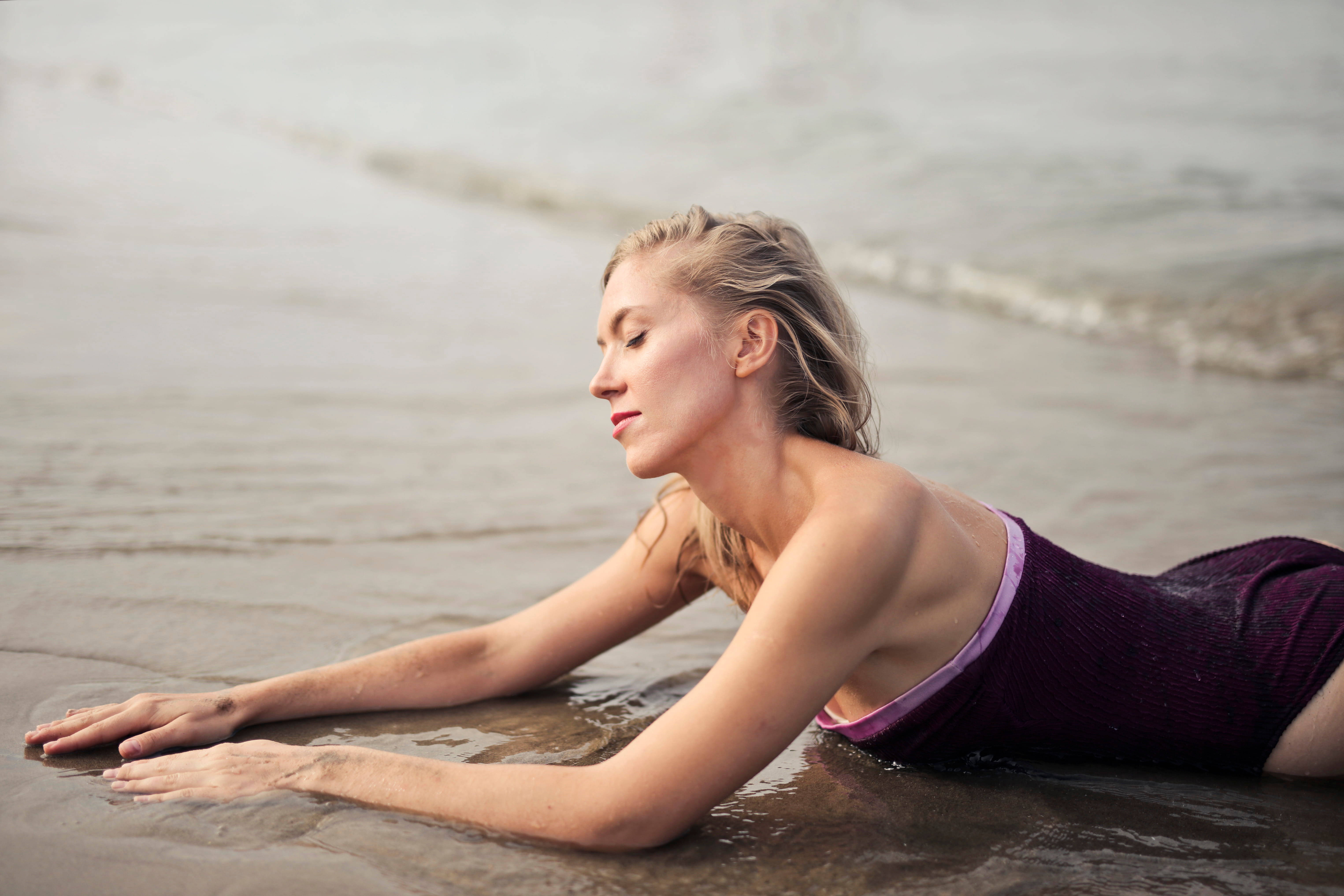blonde beach girl, purple swimsuit, sandy beach, 5K Desktop Wallpaper