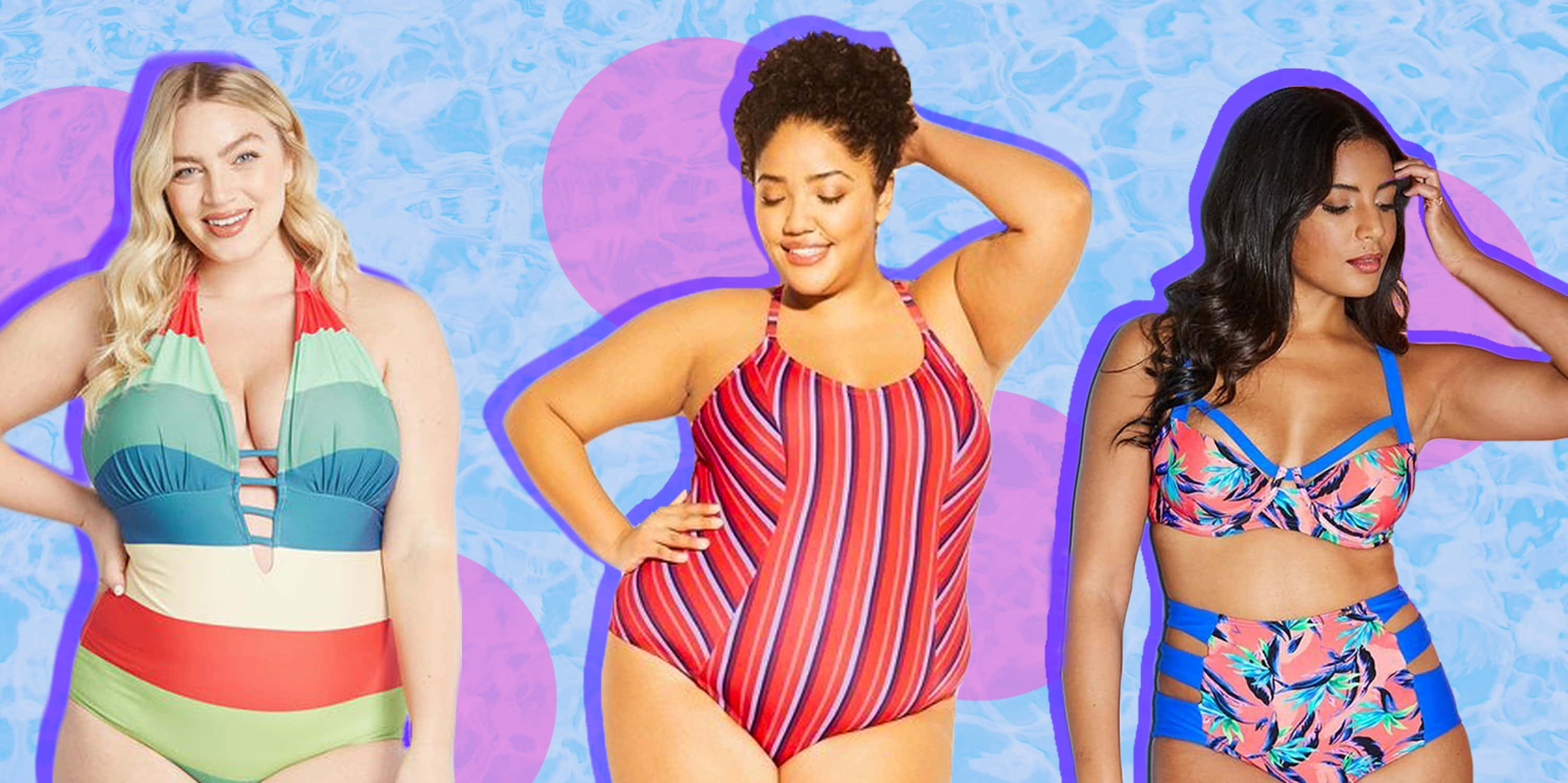 beach day, colorful swimsuits, vibrant blue and purple patterned background, 2K Desktop Wallpaper