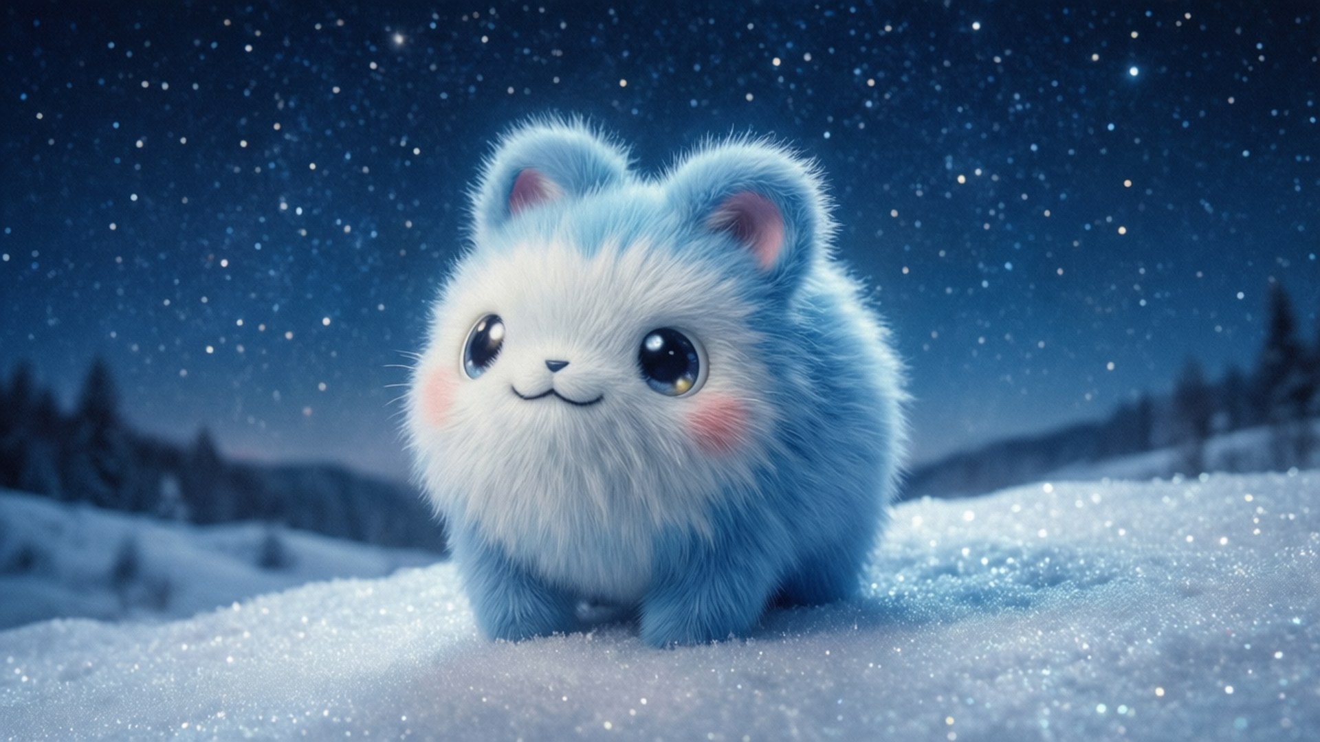 Starry Night Swinub, fluffy blue and white creature, snowy terrain, Full HD Desktop Wallpaper