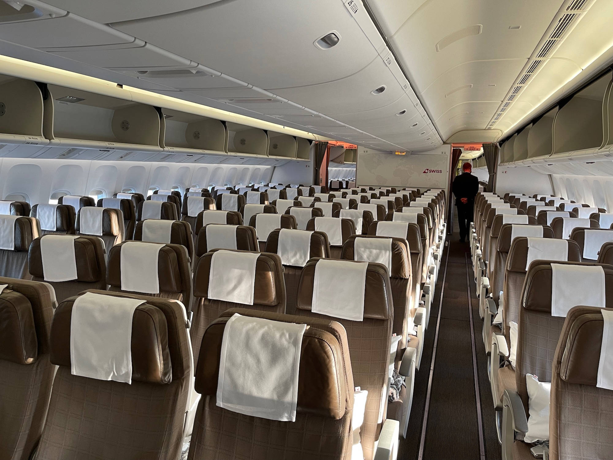 Swiss Airlines, cabin seats, brown airplane seats, Full HD Desktop Wallpaper