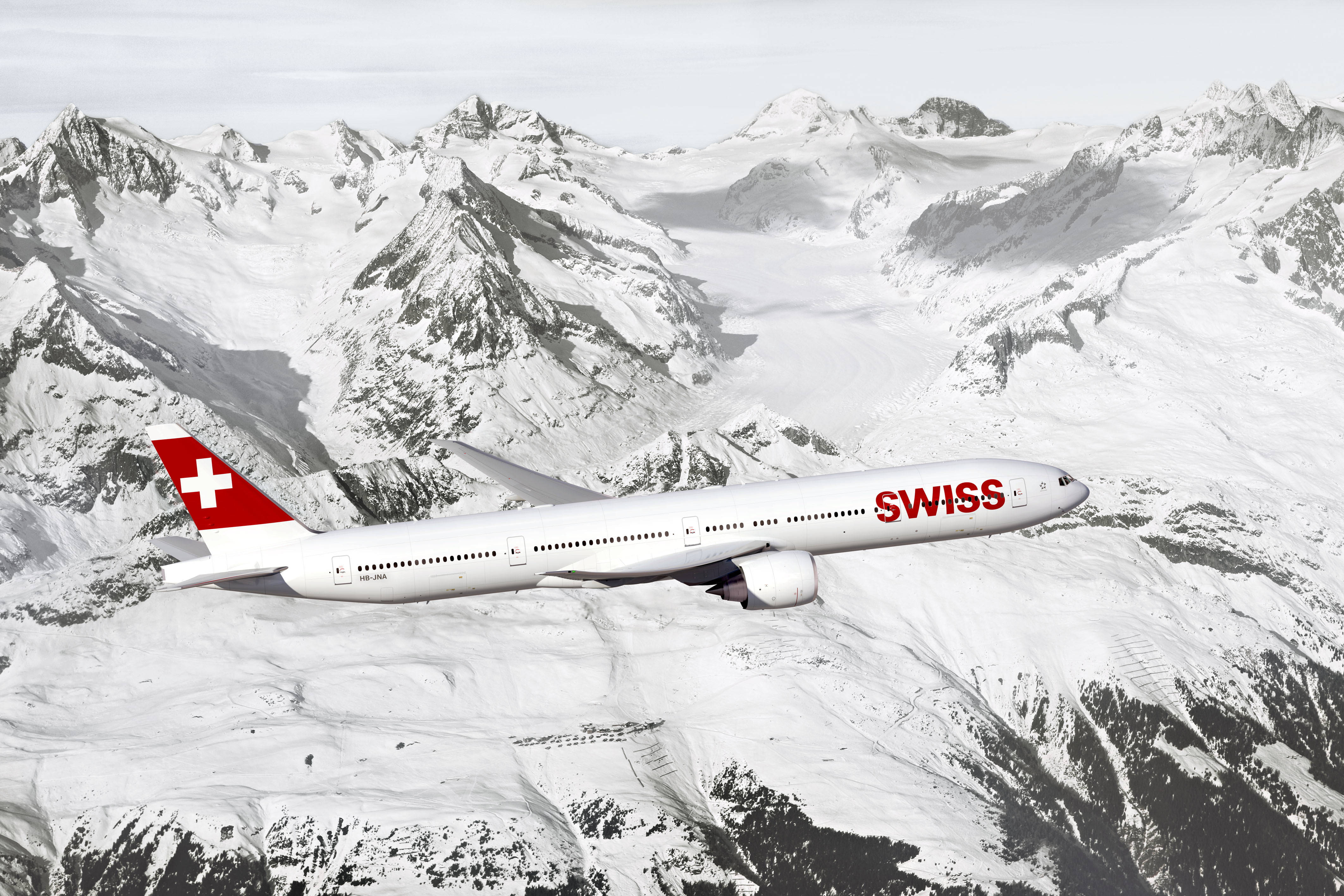 Swiss Airlines, airplane, snow-covered mountain range, 4K Desktop Wallpaper