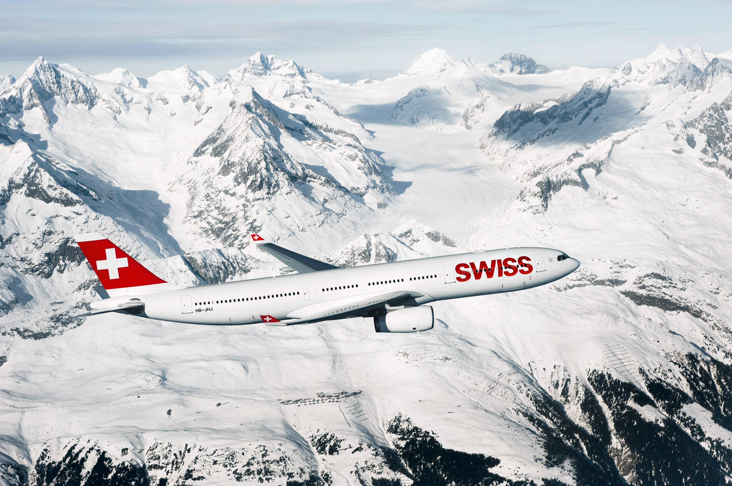 Swiss Airlines, white mountains, snow-capped mountain peaks, 2K Desktop Wallpaper