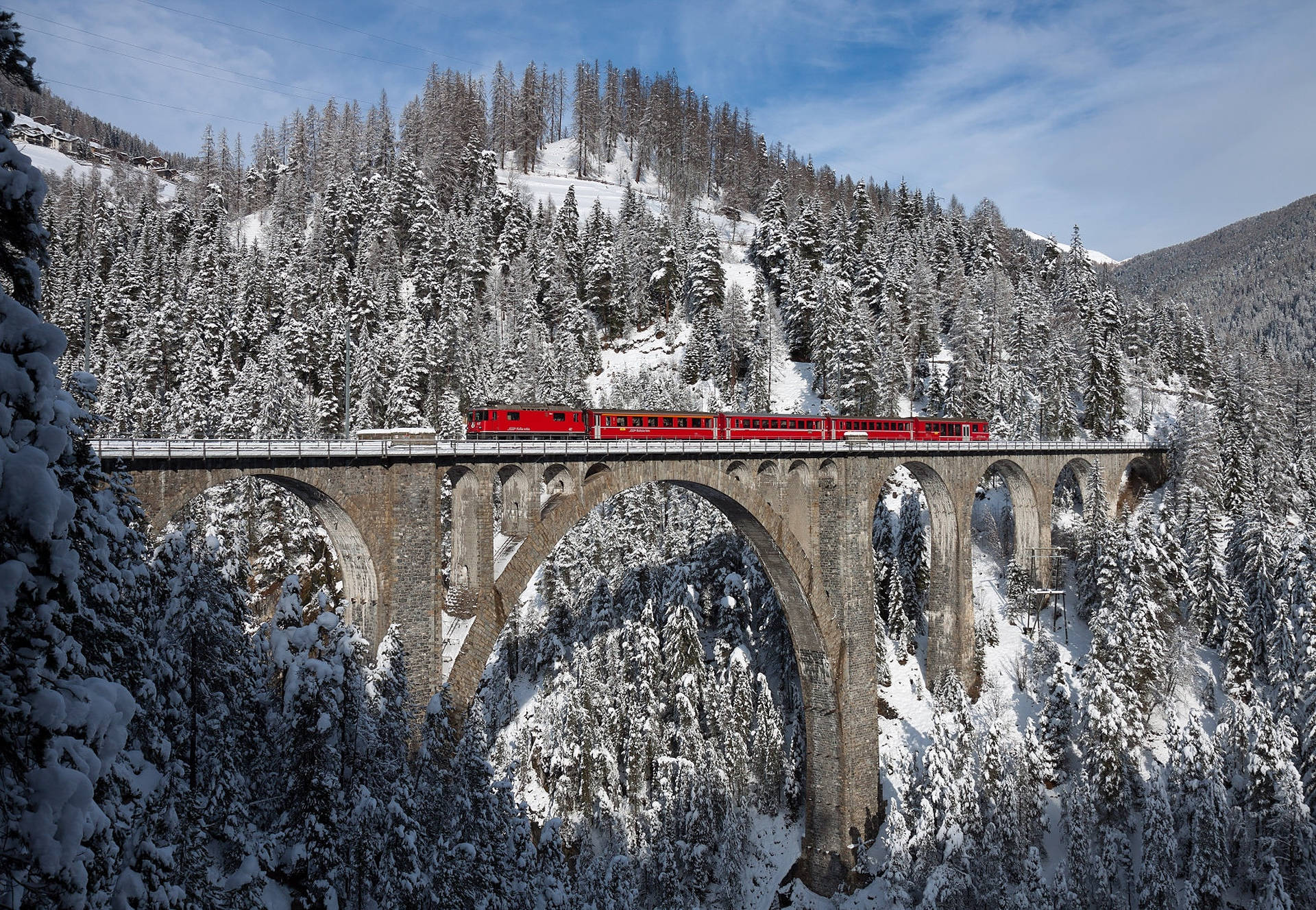 red train, stone viaduct, snow-covered pine forest, Full HD Desktop Wallpaper