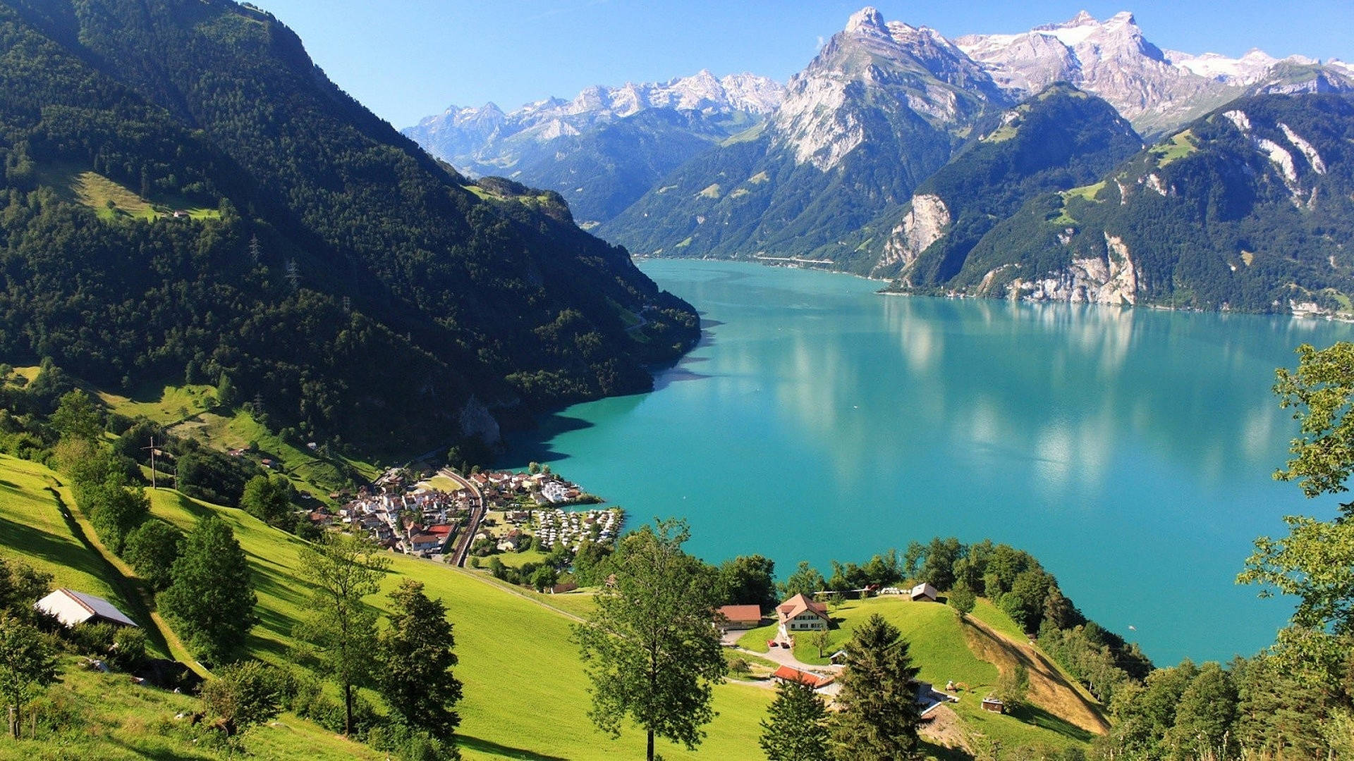 Swiss Alps, blue lake, turquoise lake, Full HD Desktop Wallpaper