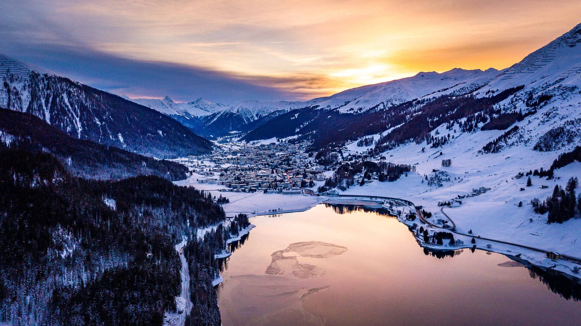 Swiss Alps, snowy mountain valley, sunset, Full HD Desktop Wallpaper