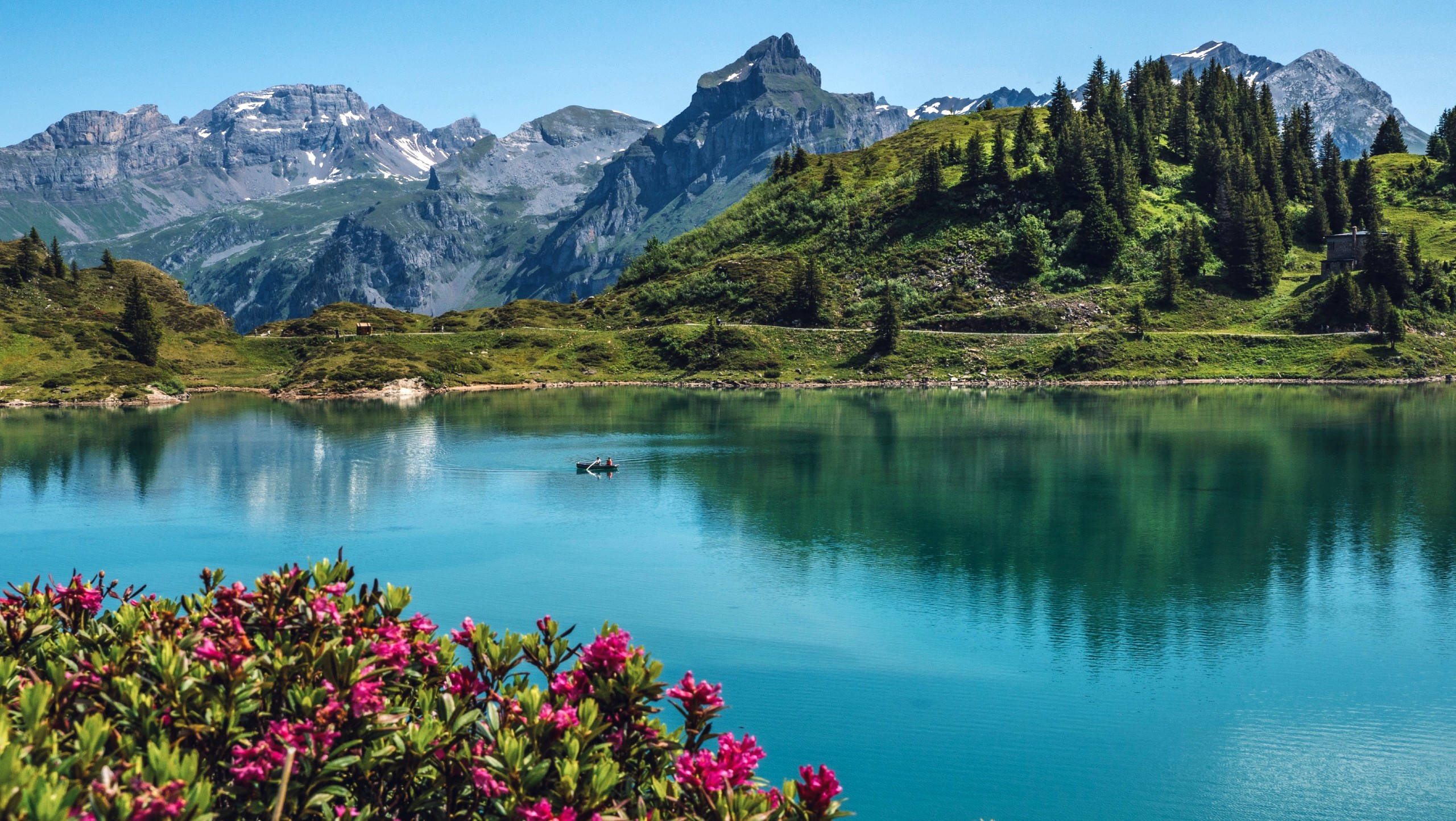 Swiss Alps, alpine lake, snow-capped peaks, 2K Desktop Wallpaper