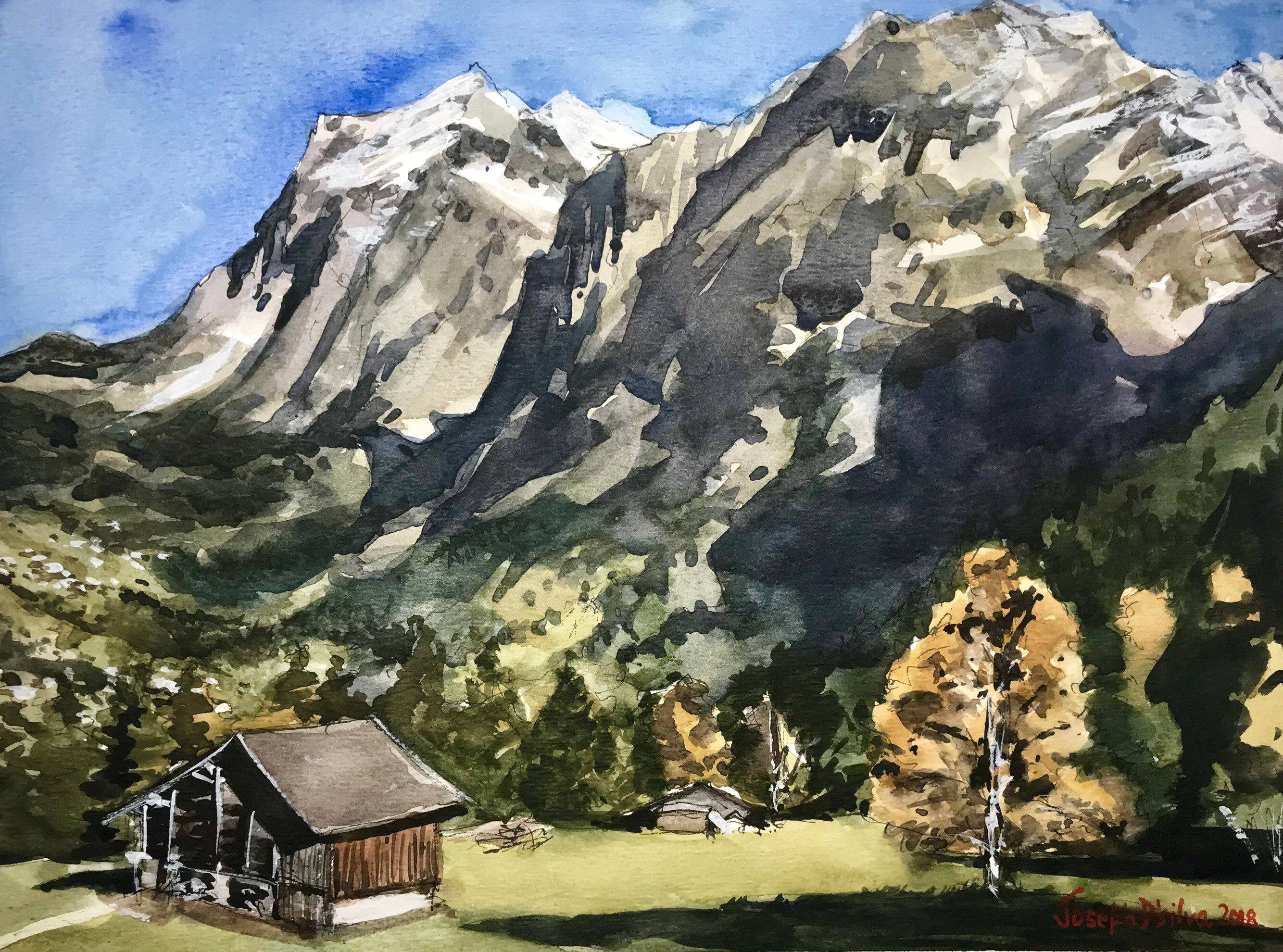 Swiss Alps, oil painting, rustic wooden cabin, 2K Desktop Wallpaper